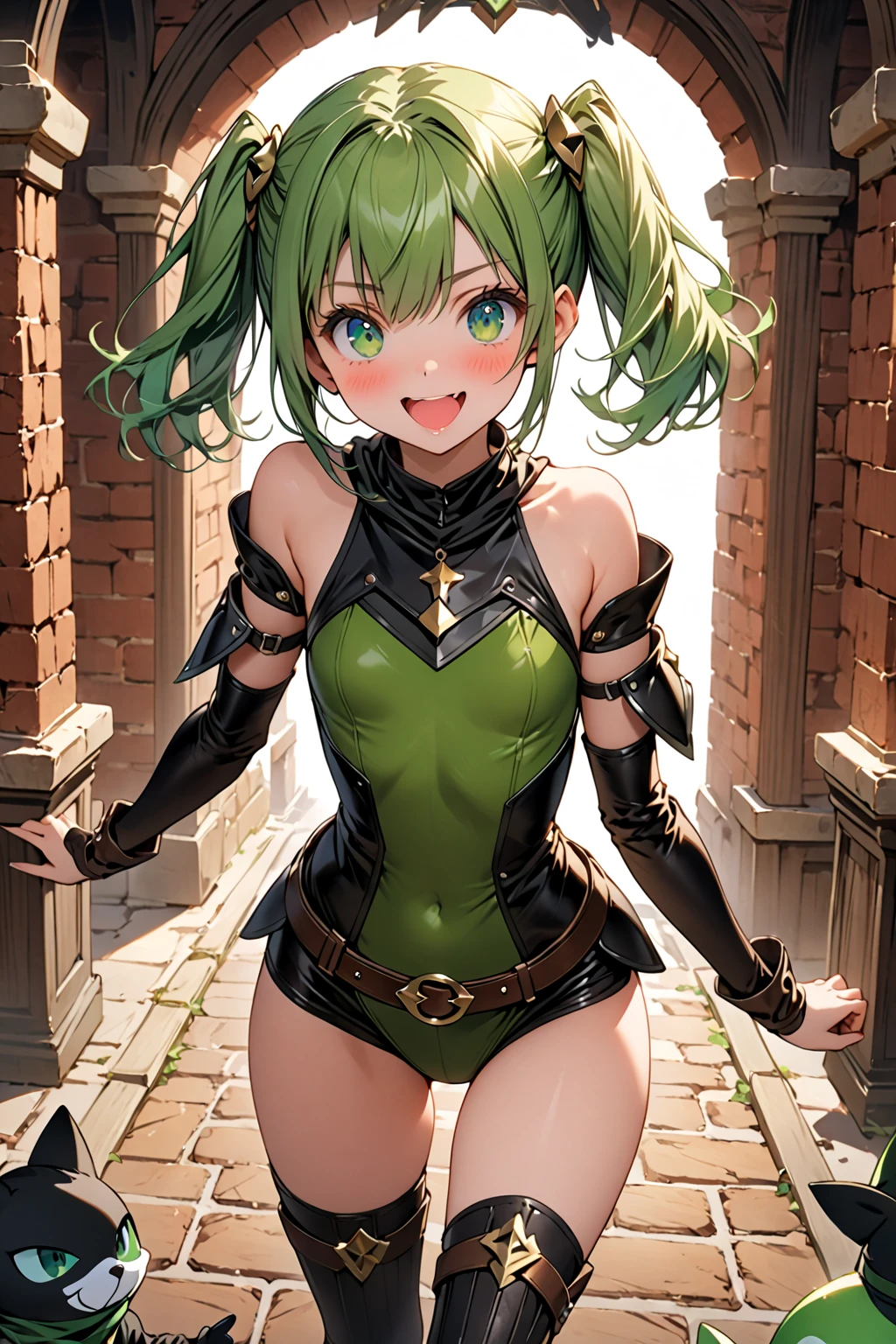 (masterpiece, best quality, detailed), 1girl, solo, looking at viewer, TatsuDef, green eyes, curly hair, green hair, bangs, blush, flipped hair, short hair, small breasts, thighs,
<lora:zs_HighCutArmor:1>, p3highcut, ruins, overgrown, rubble, pillar, outdoors, building, light rays, fog, <lora:breasts_squeezed_together_v0.2:1> breasts squeezed together, hands on own chest, closed mouth, blush
