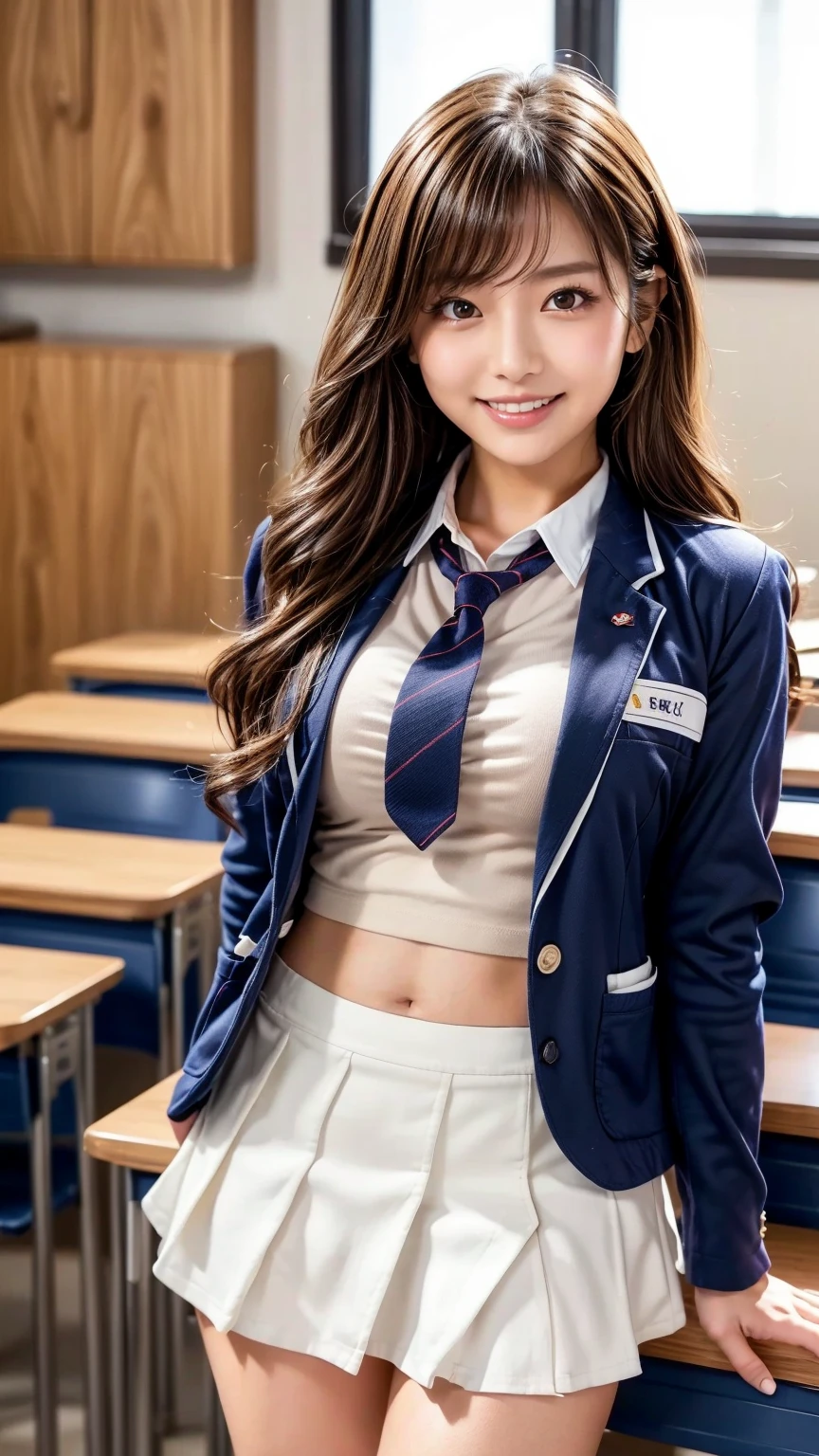 1girl in, Supreme cuteness, (Super beautiful detailed face), Beautiful breasts, High school uniform with wide open chest, Highest Quality, Highest image quality, Top resolution, RAW Photos, Realistic, Photorealsitic, ultra detailed and beautiful, highest details, Beautiful fair skin and luster, Beautiful big eyes, Open mouth slightly, Cute smile, Wide open chest, (High school uniform with wide open chest:1.6), crass room,teats