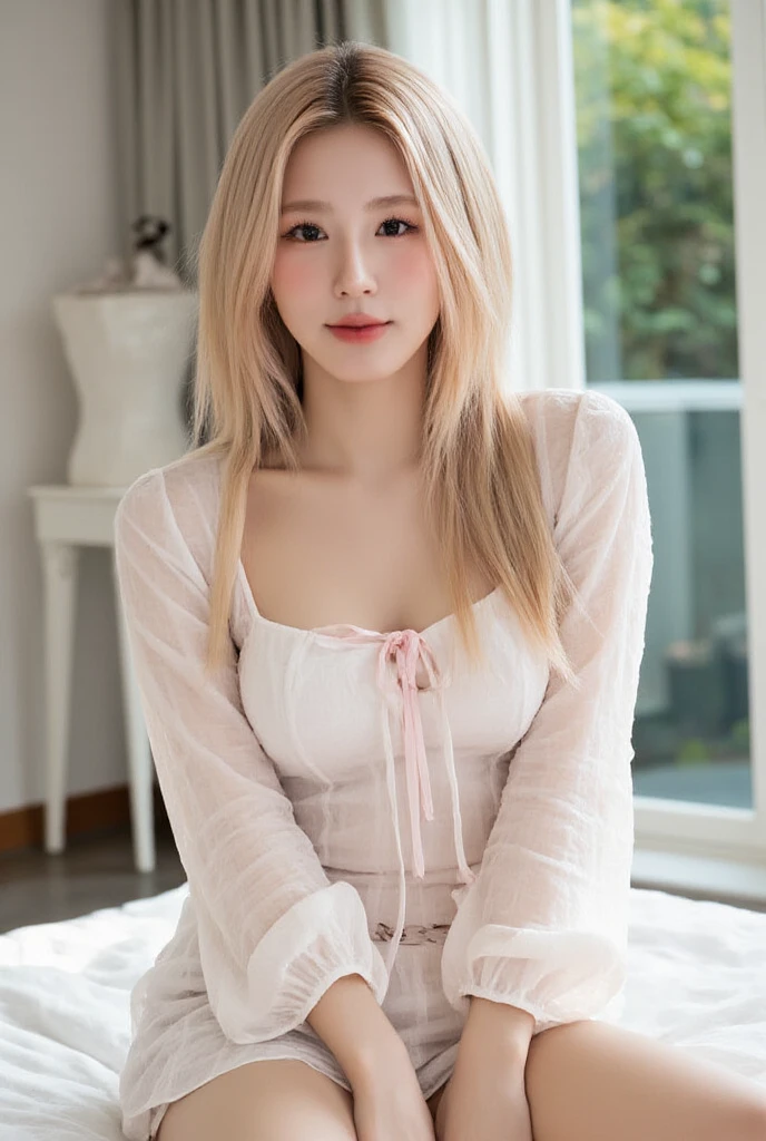 sparklers、natta、1girl in、Half-Russian woman wearing yukata、bathrobe、a blond、tying hair、cleavage、Russian beauty、Detailed duplex、Top image quality、sitting on、bathrobe