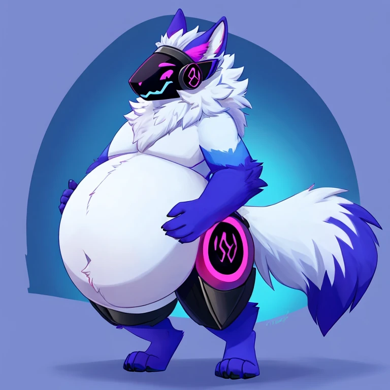 voicemod protogen, happy expression, female, unhumanly gigantic breasts, hyper breasts, unhumanly thick thigs, hyper thigs, unhumanly gigantic ass, hyper ass, slim waist, striped thighhighs, striped arm warmers, multicolored fur, multicolored hair, white fur, blue fur, black fur, extremely long fur, extremely fluffy fur, hyper fur, extremely long tail, extremely fluffy tail, black latex bra, black latex shorts