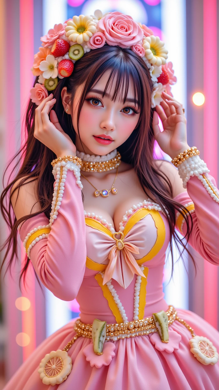 Highest quality,masterpiece,Ultra-high resolution, Very detailed, 8K,14 year old beautiful Japanese woman:1.5, Small face, Black Hair, blunt bangs, ((Woman crucified on the cross:1.5, Breast Augmentation Surgery)), (Detailed glamorous pink magical girl costume:1.5)