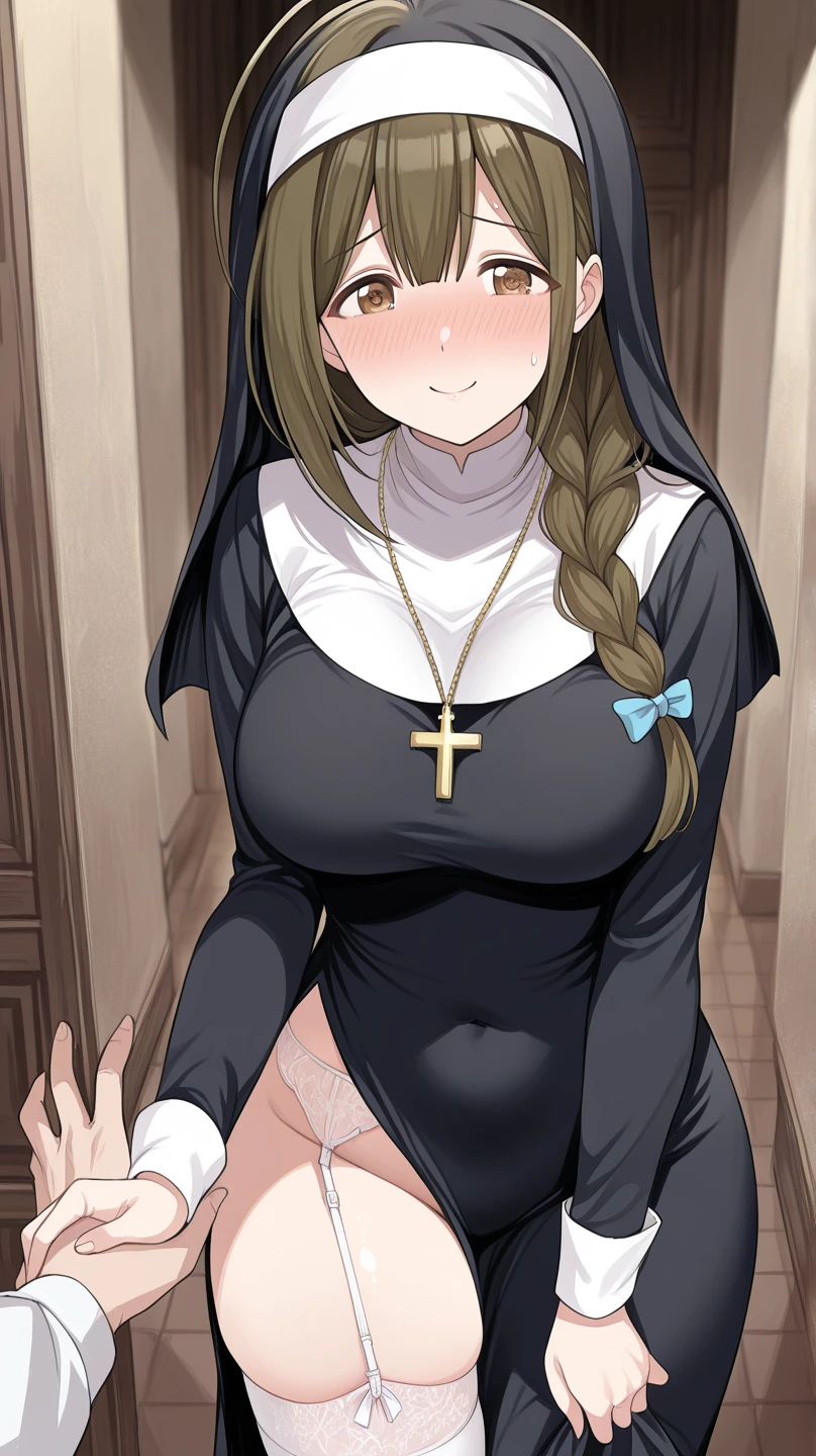 1 boy, shota, tidy, futanari, micro penis, Bulge between the legs, tiny girl, young girl, mesugaki, mesugaki smile, Nuns, nun's costumes, Long skirts, Teasing, naughty looks, heart eyes, A girl Pointing between his legs,, Focus on the girl, glossy skin, oily skin, Gravure, pinup, junior idols, Sound, Clothing, vigorous, Masterpiece:2, Top Quality, high Quality, Very Detailed, ultra High Resolution, super High Resolution, Beautiful Detail, Dynamic angles, perfect lighting, 8k, Animation Style, cartoon style, game cg, sfw,