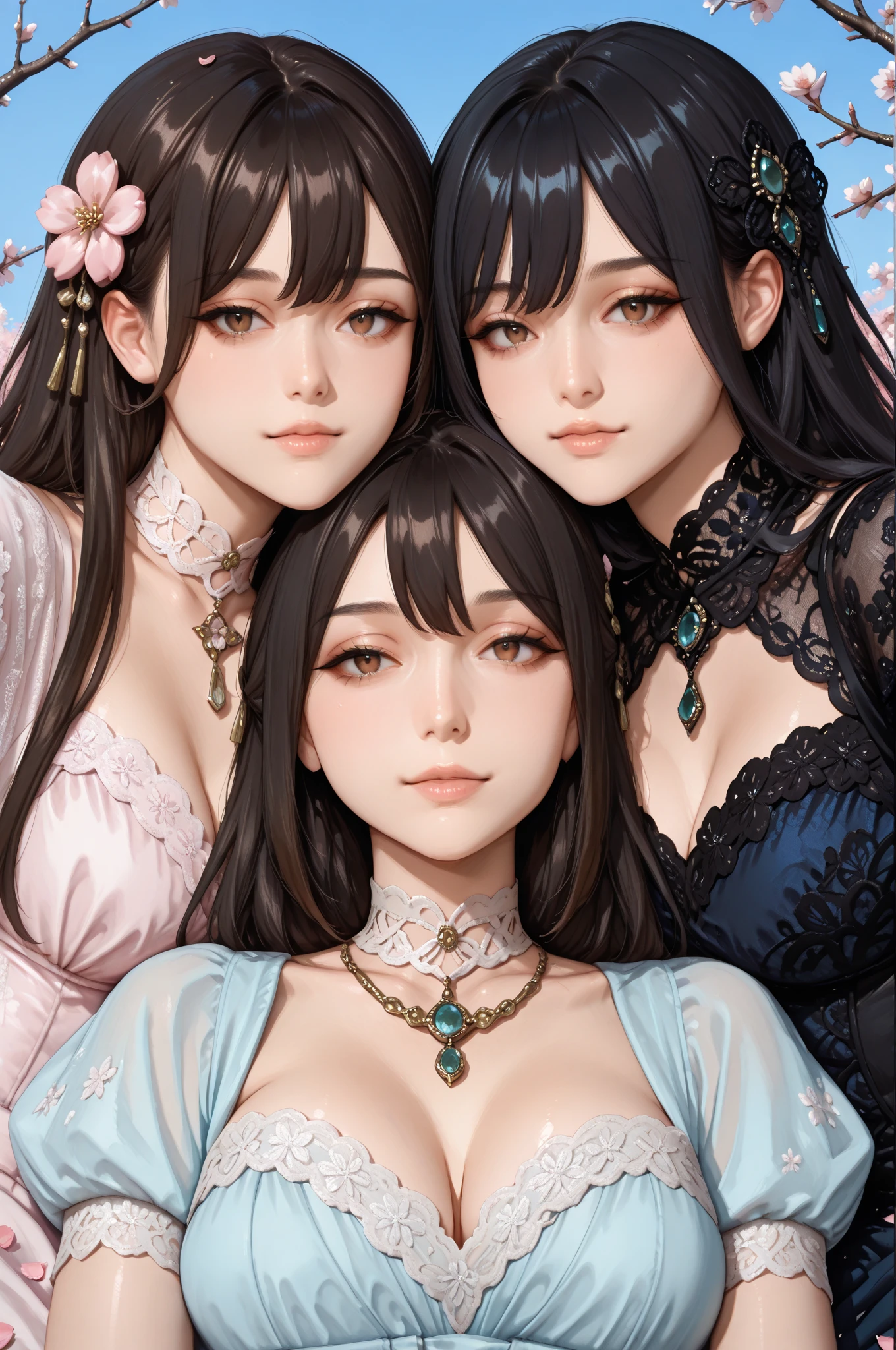 Three women in wedding dresses sitting on the bed,holds a bouquet of flowers, lalisa manobal, Album art, Official artwork, very magical and dreamy, ethereal fairytale, Ethereal beauty, Koreainsta Goddess, Ethereal fantasy, celestial goddess, lalisa manoban of blackpink, sakimichan, jaeyeon nam, ulzzangs, Ethereal and dreamy, fantasy beautiful,Extra-large big breasts,Blush,Perfect body slim curves, 8K motion art photos,Japan goddess,