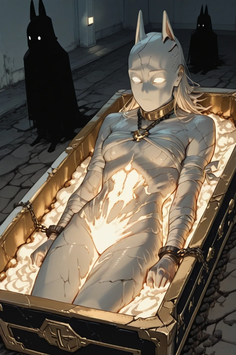 sorceress, very pale, emaciated, folle, lying in a coffin