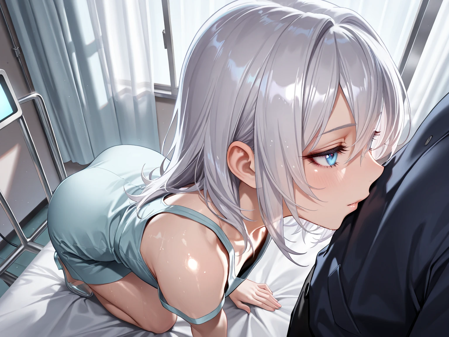 high quality、High resolution、High resolution、Inside a love hotel、One Woman（Woman having sex from behind）、Ecstasy face、Tree Eyes（1.9）、The corners of the eyes are raised、Light purple hair（Bangs that extend to one eye、Medium Hair、Straight Hair、Side hair in a ponytail、ponytail）、An angle focusing on the buttocks seen from directly behind、White camisole、A white skirt that shows off her butt、White shorts with exposed crotch、Droplet Earrings、Blue heart-shaped earrings、Are fat（1.6）、Glowing Skin（1.9）、Wet（1.9）、trembling（Only  and ass），Climax（0.6）、Blue eyes、Small chest（1.9）、Her breasts are bouncing up and down　　（Black man）、（Big penis）、（The man is on top of the woman and is doing the breeding press）