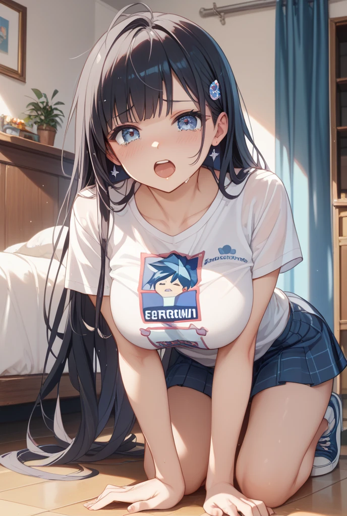 (sketch drawing), (close up), (adult body), ((mouth, smiling, lips)), (chest a little big), (thick legs), (large thighs), (pink cheeks), ( short shirt), (showing belly), (perfect belly), (gym shorts), (blue cat ears), (beautiful cat ears), (blue hair), (green eyes), (long straight hair loose) , (fringe), (details on the strands), (white background),
