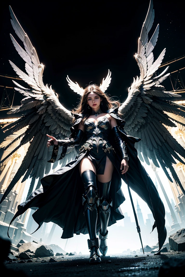 (Best Quality), (ultra-detailliert), (masuter piece), (hight resolution), (Original), (the Extremely Detailed CG Unity 8K Wallpapers), (Best Quality), (ultra-detailliert), (masuter piece), (hight resolution), (Original), (the Extremely Detailed CG Unity 8K Wallpapers), depth of field, bokeh, sharp focus, 1 woman, attractive young female model, beautiful, 20 years young, perfect face, ((bright eyes)), slim body, knik hips, tanned skin, flawless skin, light blue eyes, detailed eyes, blond hair, very long hair, luscious lips, sassy smile, wearing black neckband, gold bracelet, wearing black velvet dress, no sleeves, fitted dress, skintight dress, mini skirt, ((huge angel wings, wings extend outside of the picture, wings are outstretched)), outside, floating mid air, on a deep dark night, night sky in background, floating mid-air, soft light, wears leather hip belt with metallic buckle, hip belt is adjusted too tightly, hip belt cuts into waist, hands on hips, close up portrait