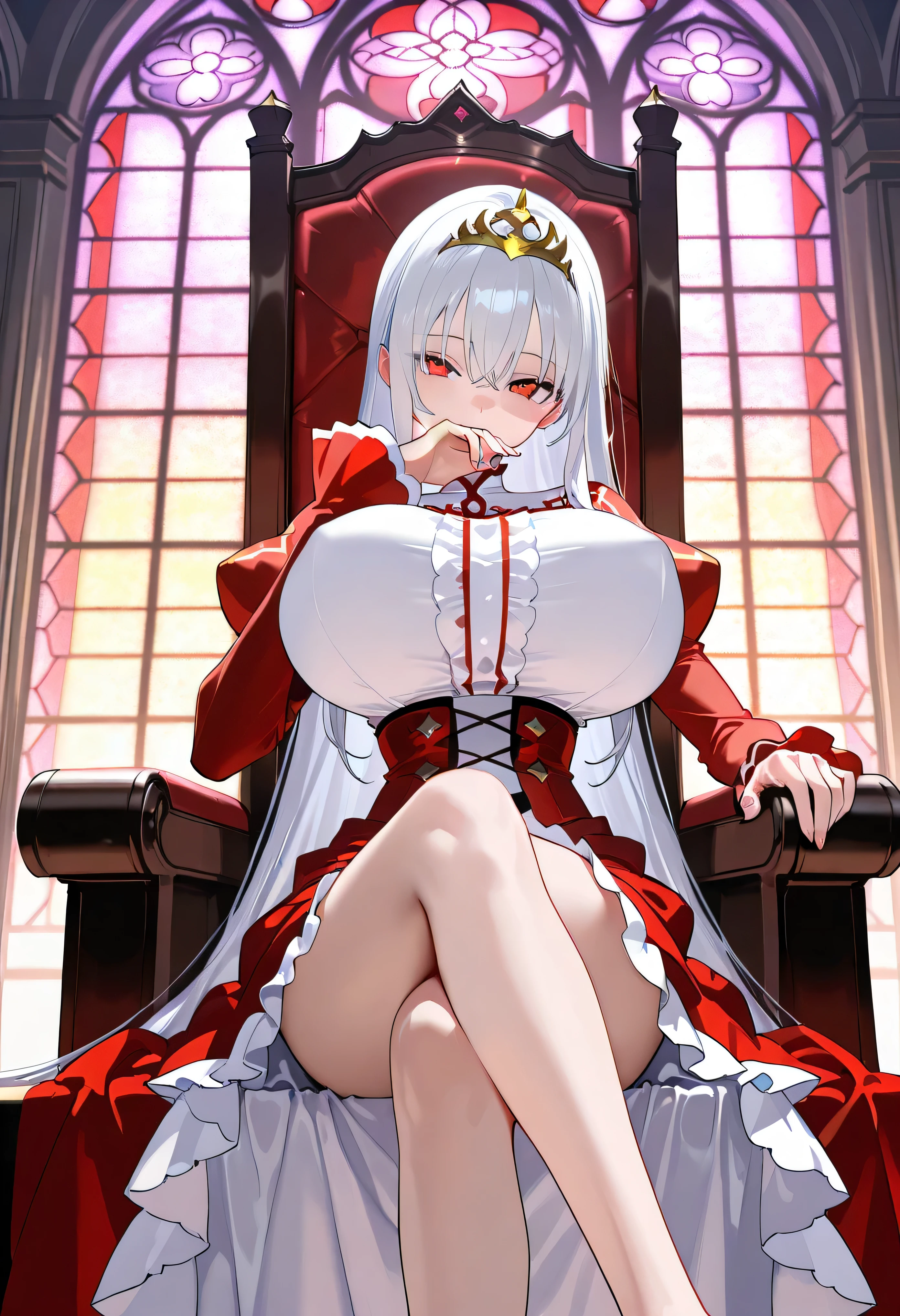 The queen, 19 years old, long white hair, white eyes, white skin, huge breasts, holding a black rapier with a silver cloth, sitting on her throne with a cold look waiting for a magician to come at night..hentai