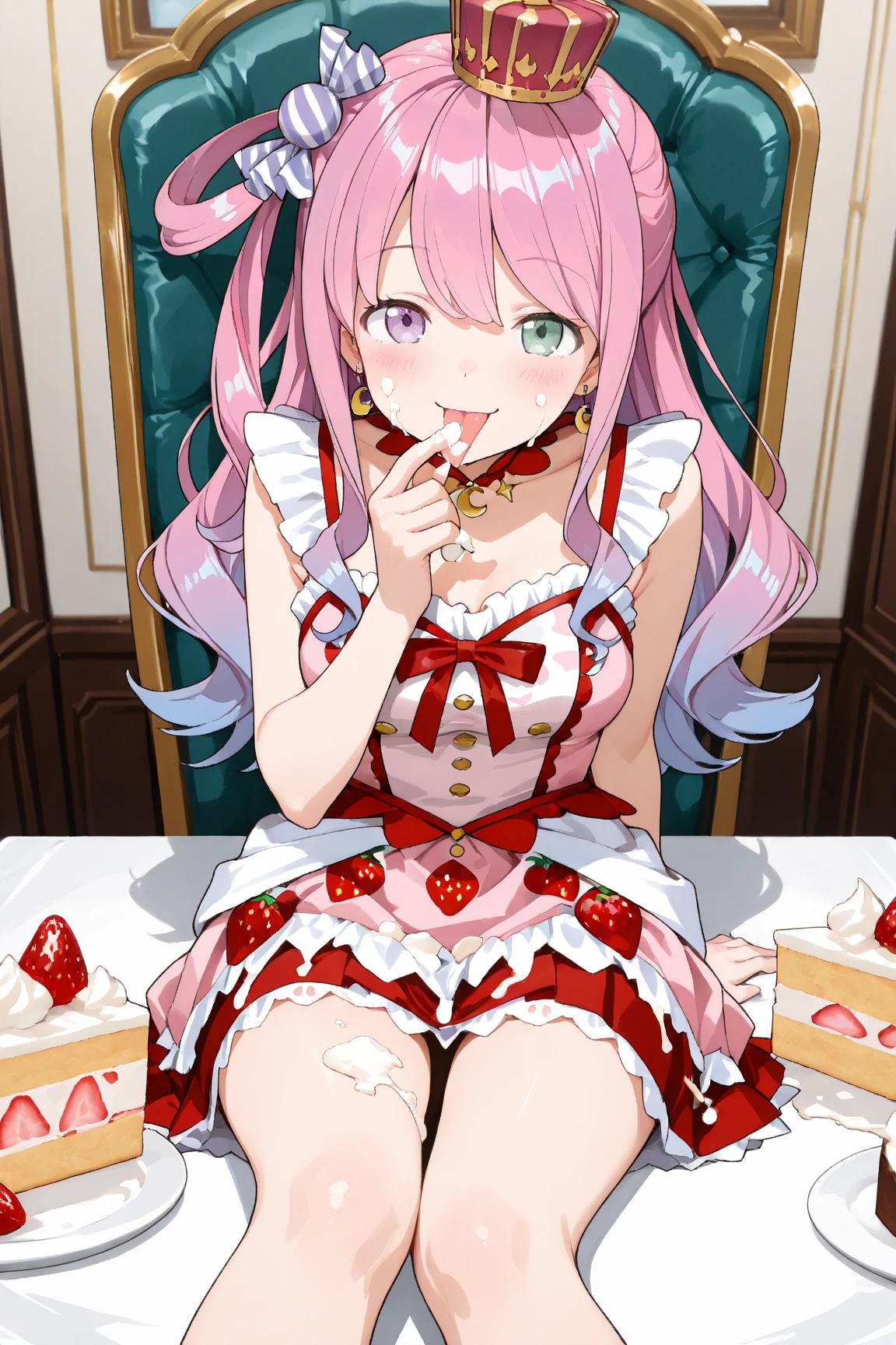 ((32k)), ((best quality)), ((ultra high res)), ((HDR)), ((UHD)), ((extremely detailed CG)), ((unity 32k wallpaper)), (1girl), ((18 years old)), (ideal ratio body proportions), very long hair, looking at viewer, blush, smile, bangs, thighhighs, bow, holding, cleavage, jewelry, (((pink micro bikini))), ((medium breasts)), closed mouth, (pink hair), short sleeves, bikini, ((cowboy shot)), earrings, frills, food, black thighhighs, indoors, bowtie, cup, puffy short sleeves, wrist cuffs, grey eyes, thigh strap, detached collar, side-tie bikini bottom, thigh gap, table, single thighhigh, plate, tray, teacup, cake, bridal garter, holding tray, cake slice, (morning), (from below), (nsfw), (((Spread your legs wide))), (((Sit on a chair))),