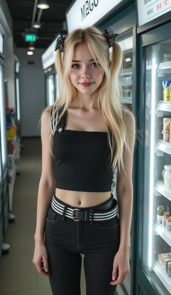 1 Japanese beautiful girl,28yo girl, Super beautiful detailed face, (smile:1.4), earrings, (blonde semi-long straight hair with parted bangs:1.6), (gyaru:1.3),(Slender body:1.5), (neutral-colored large areola:1.4), (hairy pussy:1.1),(camel toe), (no bra:1.3), (nipples poking through shirt), (nipples), BREAK, masterpiece, best quality, ultra quality, high quality, realistic, photo realistic, RAW photo, hyper detailed, intricate detaile,(cinematic lighting:1.2),ray tracing,((from front)), (medium shot), BREAK (wearing white Tank Top1.3), BREAK (denim micro skirt:1.3),Sunlight,sunshine,during daytime, BREAK (shirtlift),(sexy thong),7eleven, scenery, indoors, box, tiles, shop, tile floor,