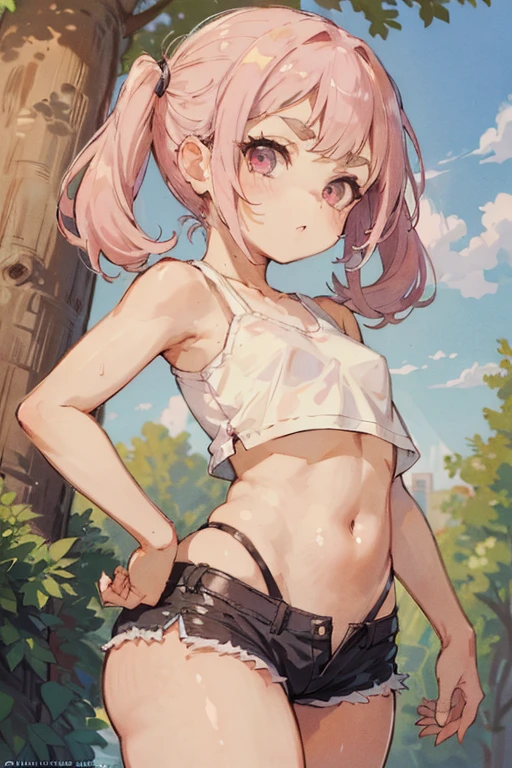 small male femboy with pink hair and dragon horns in black shorts thick thighs