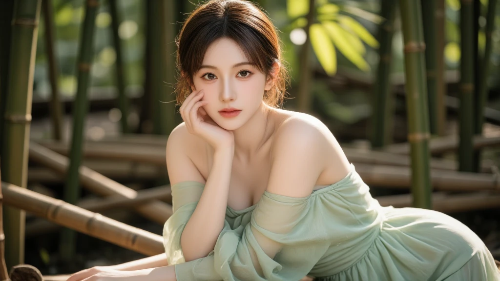 ((best quality, 8k, masterpiece :1.3)),(Practical, lifelike:1.4), original photo, high resolution,sit on the floor， Beautiful woman，Have a perfect body :1.4, ((Large Breasts:1.6)),Light blue dress，In the woods，Full body photography，Smile，eyes looking at camera，character-centered，Long-distance shooting，