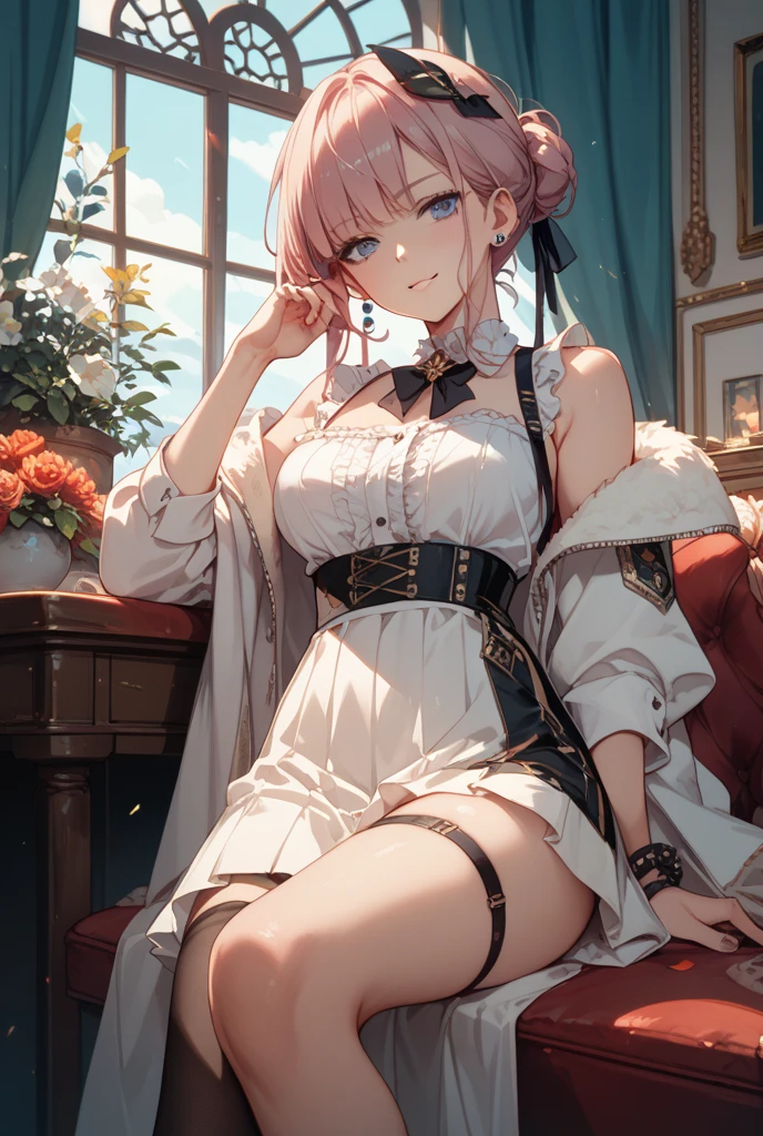 (masterpiece:1.3), (a high resolution), (8 K), (extremely detailed), (4K), (pixiv), perfect face, Beautiful eyes and face, (Best quality), (super detailed), detailed face and eyes, loose straw colored hair, textured leather, ((1 young girl :1,6)), ((in an unbuttoned corset with a pale pink bodice and pantaloons above the knee with frills and lace from the century before last,1850s:1,8)), depraved and lustful, smiles seductively, mouth slightly open, posing with legs spread while sitting on the couch, boudoir brothel