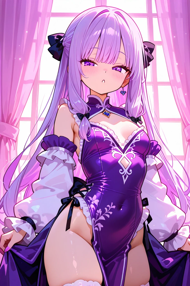 Young beautiful woman,(Highest quality,Extremely detailed depiction,Incredibly absurd high resolution,Anatomically accurate depiction,Curvy Legs,Shiny skin,Porcelain-like skin),(Black and white gothic maid outfit,Maid Skirt,corset,black tights,High heels),eyelash,(Silver Hair,Black Eyes,Eyes half closed:1.5,Large Breasts,Glossy black lips:1.2,Heavy makeup,Pottery vaseを抱えている:1.5),Sweat:0.8,(whole body),background:Bright corridor of the castle,Pottery vase,