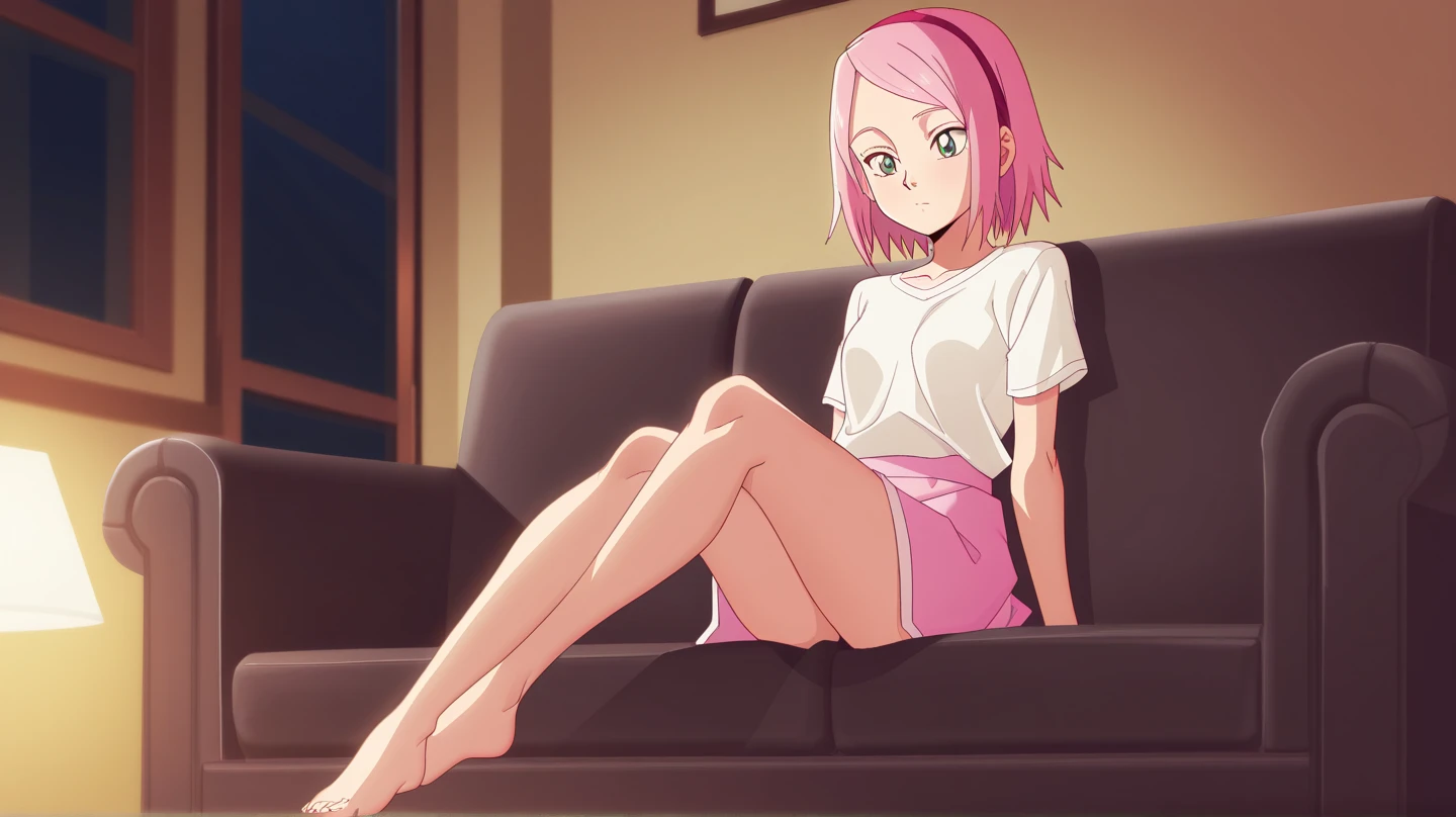 Tokyo, Kabukicho, short pixie cut hair fluttering in the wind, pink hair, medium large breast, plump body figure, high definition, white tank top and black hotpants, camel toe. Sitting on the road with spread legs.