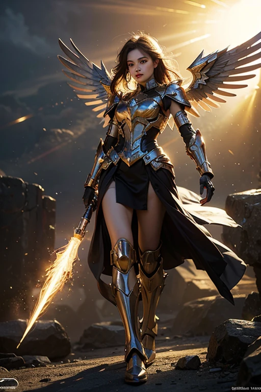 hay una mujer con un vestido futurista parada frente a un grupo de personas, grandes dirigibles voladores dieselpunk, regatear, inspirado en Gil Elvgren, fantasy paladin woman, inspirado en Mark Brooks, [ burbujas, retrato de helena de troya, fine skiing : :, armadura dorada  