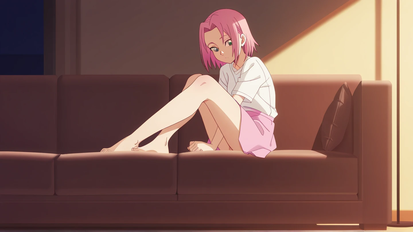 1 girl, , wearing a pink shirt, red shorts, and sneakers. in a bold position.