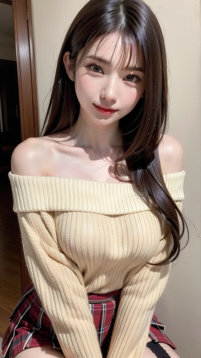 table top,(highest quality, masterpiece:1.2), Super detailed, High resolution, 8k wallpaper, perfect dynamic composition, fine and beautiful eyes, long hair,small breasts, natural color lips, bold sexy pose, shy smile, 20-year-old, cute woman, sexy style, Tokyo, sexy shot looking at camera, winter fashion,hairstyle ponytail,Winter clothes,Chest coordination,off shoulder