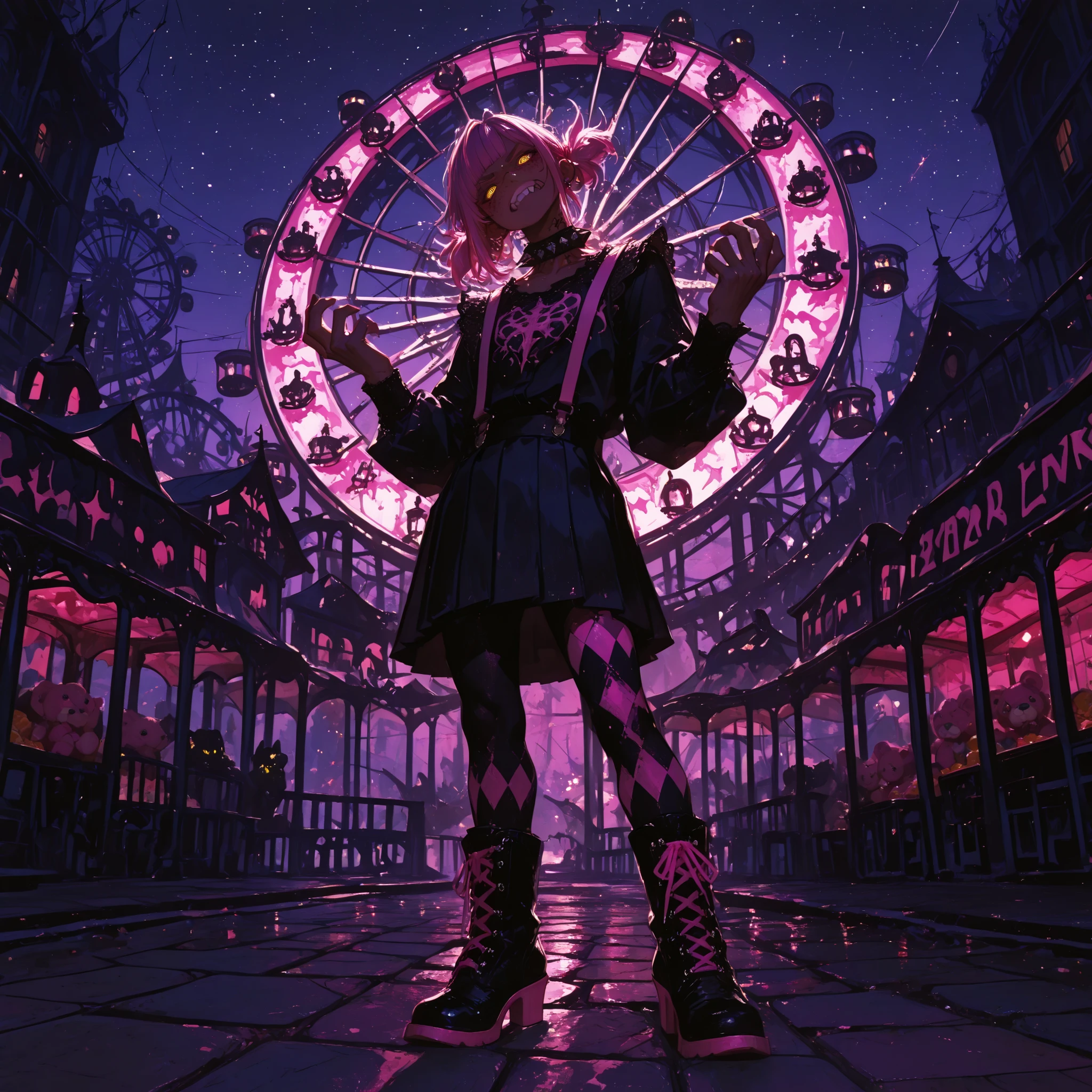 wide shot, atmospheric perspective, male focus, straight-on, from below, arched back, (((extreme head tilt))), standing, wide stance, fists clenched, hands up, teeth clenched, scowl, furious expression, dynamic pose, foreshortening, screaming, creepy posture, 1 male, ((sharp teeth)), aegyo sal, detailed face, pink lip gloss, runny makeup, (((pink))) (yellow) streaked fluffy hair, ringed eyes, arched fanged bangs, uneven sidelocks, yellow eyes, thick eyelashes, bean brows, black neck ruff, pink suspenders, black lace armwarmers, black lace-up long sleeved shirt, short low ringlet twintails, saturated very dark skin, mask on side of head, scar on cheek, (((freckles,))) black carnival mask, black pleated skirt, pink argyle tights, high heel lace-up boots, lean, adult, (masculine), detailed face, (((detailed eyes,))) masterpiece, best quality, cinematic lighting, highly detailed, details, ultra quality, HDR, 8k, lazypos, amazing composition, yellow pink purple carousel, amusement park stalls, stuffed animal stall, snack stall, ferris wheel on horizon, blood moon, stars, pavement, rollercoaster, amusement park, shade, dark, darkness, moonlight, backlighting