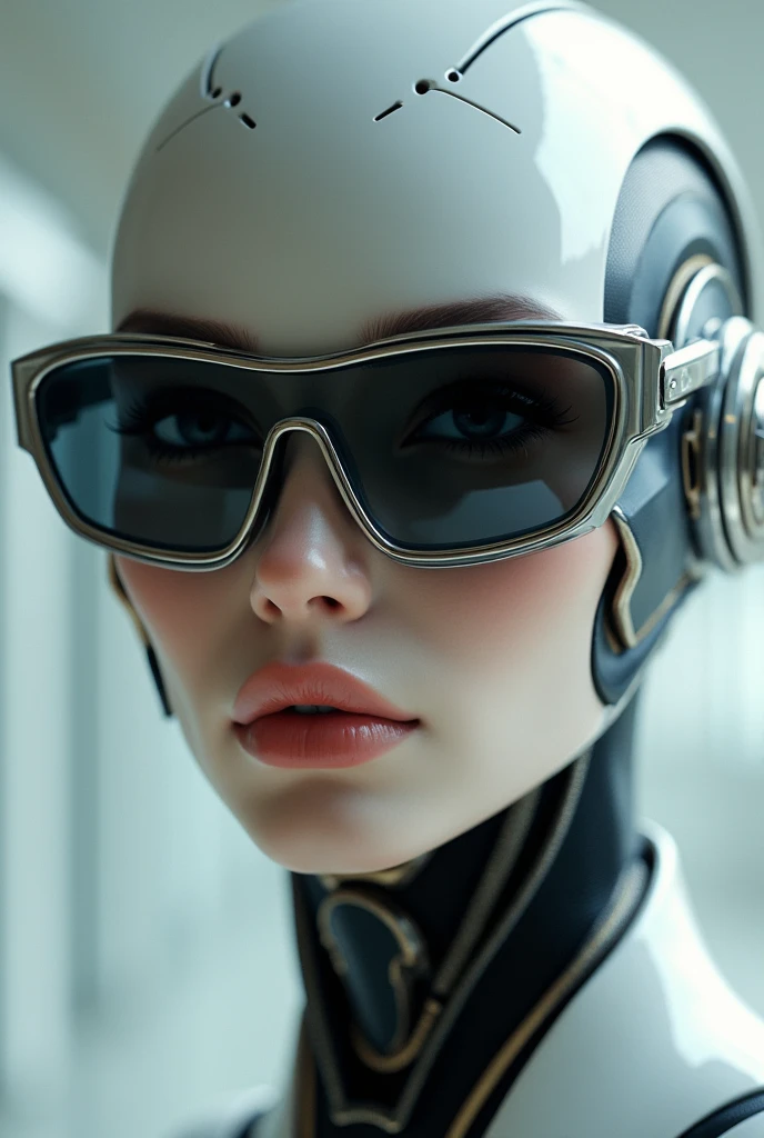 3D illustration of the upper body and face of an artificial intelligence model wearing futuristic glasses, Stylish goggles，Gradient Background, Pastel Color Palette, Black Gold, Simplicity, Cold metal texture, Surrealism,