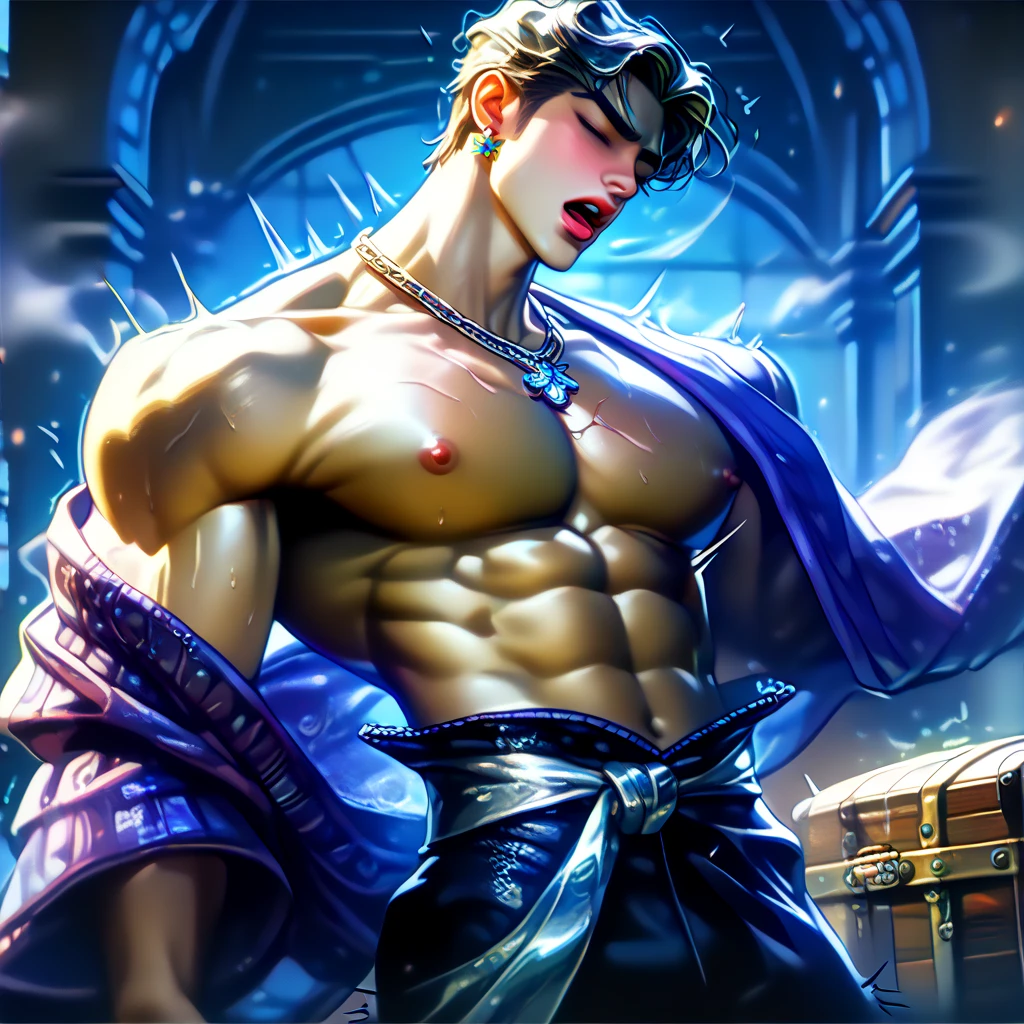 man with halo armor,  in a space base,Slightly rusty aura armor, professional photos, Milky Way Arav, a man with a K letter necklace on his neck and a shirtless torso., have a belly, Sit comfortably while spreading your legs., (fat(from below:1.1)), Eyes on the viewer, Korean muscular boy, 2 1 years old, [ Strictly defines the abdomen ]!!, perfect body, 21 years old, 22 years old, tear, Medium shot of the big man., Asian man, [ A firmly defined abdomen ]!!, 18 years old,((((Convex crotch)))),gold shawl