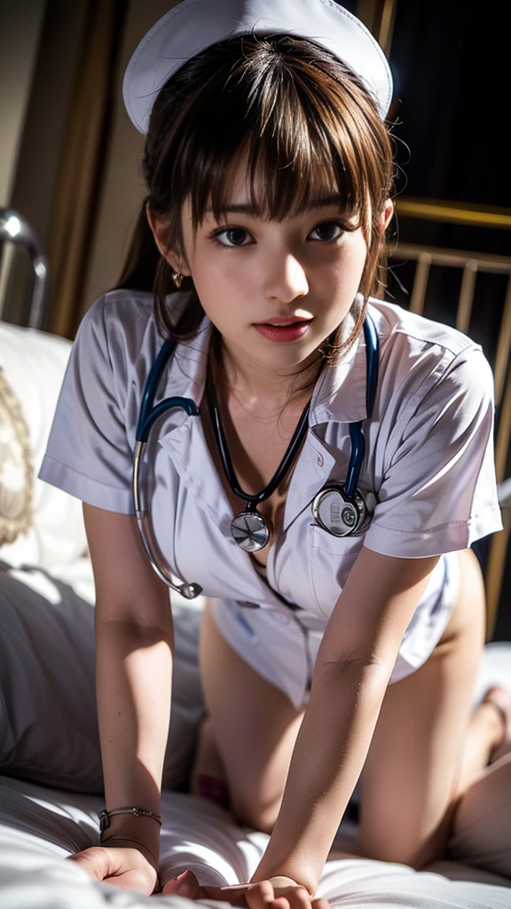 Woman in white stockings and heels,young and cute girl, wearing in stocking,Sexy Girl, Lovely woman, pantyhose, 8K,top-quality、超A high resolution、女の子1人、Black Choker、(huge-breasted:1.2)、, Long black hair, nurse,a miniskirt,The chest of the clothes is open, Wearing Usa Ears,Photo, hospitals,japanes,独奏,Beautiful expression,all-fours,Both knees are on the ground and buttocks are sticking out,Embarrassed look,Troubled look,cheeks light pink,A bit like Suzu Hirose,Realistic depiction,Hanging a stethoscope from the neck,squatting,on the beds