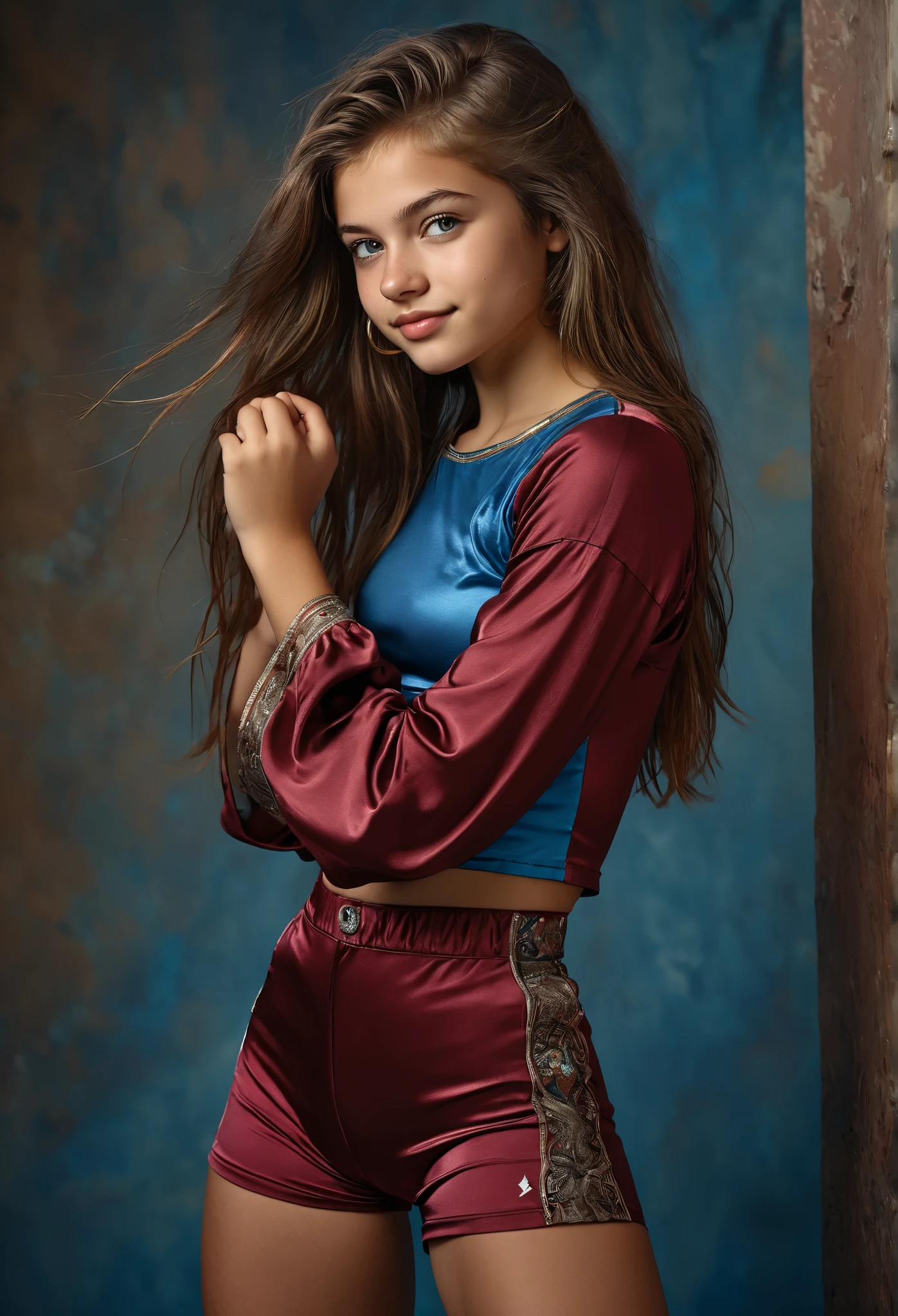 Hasselblad photo Award Winner, studio quality, a bulgarian girl , smirk, full lips, delicate v shape face, rich burgundy half-up half-down hairstyle , buff skin texture, blue expressive eyes, sideview, metallic top and bell-sleeve shorts , intricate background, Sublime Impressionistic