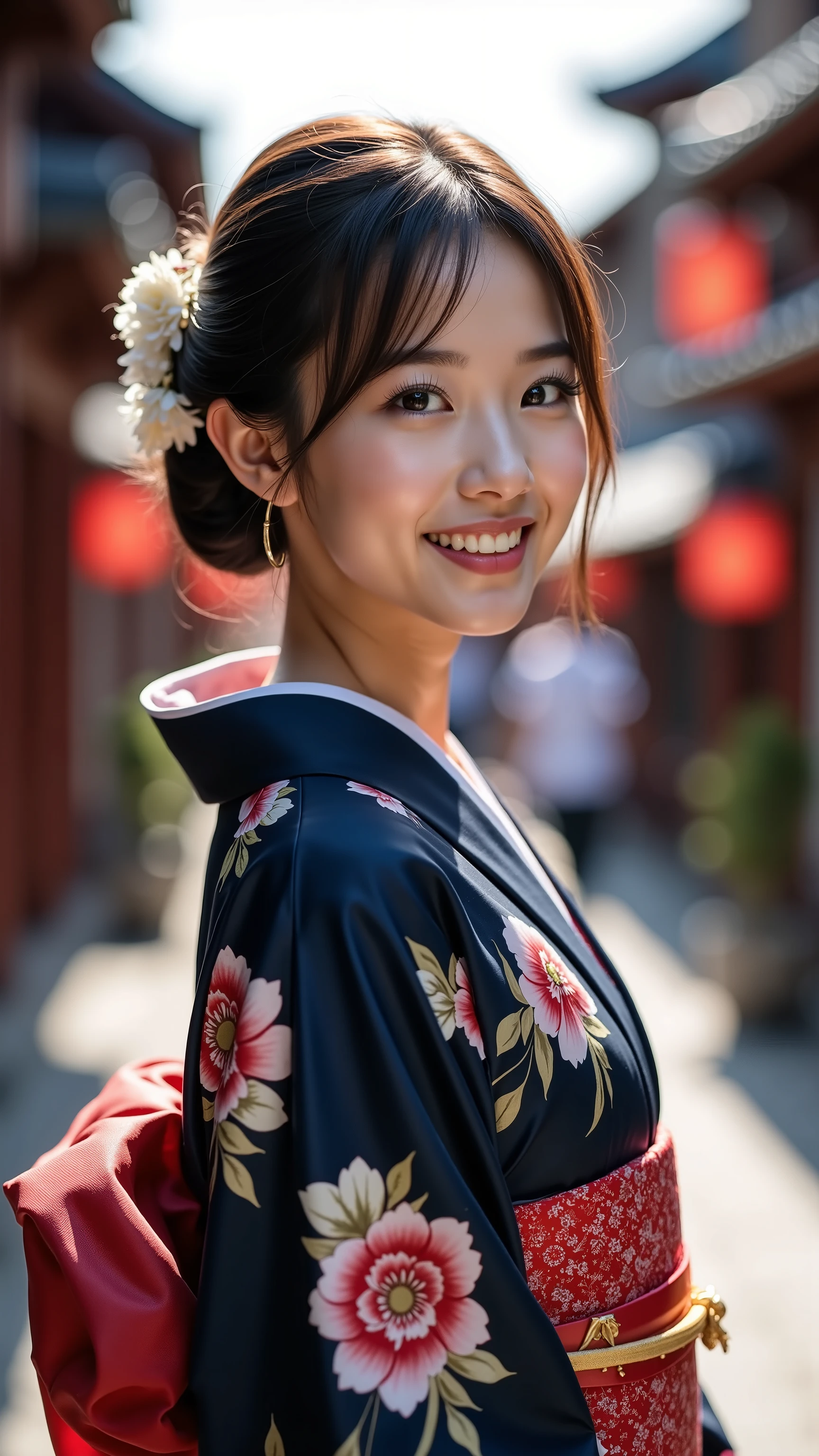 ((Top quality)), ((masterpiece)), ( details), Japanese girl full body high definition image, 顔のdetails, smiling, very beautiful kimono , woman in dark ピンクand floral kimono。Kyoto Gion cityscape background。