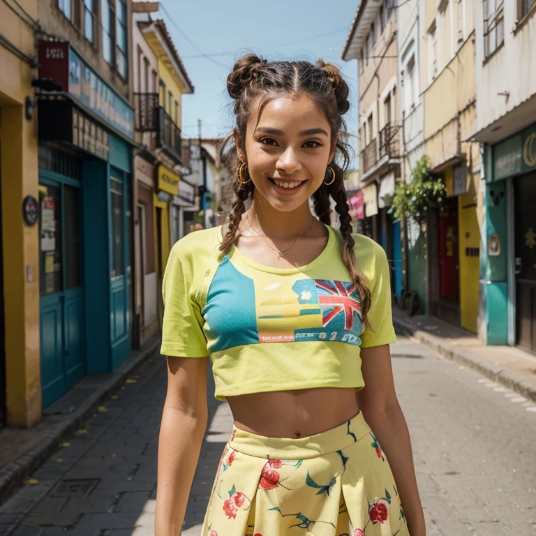 A girl scout with medium length brown hair, children's pigtails hair, Caucasian facial structure, a beautiful smile on her face and a deep look, she in a dark alley,
