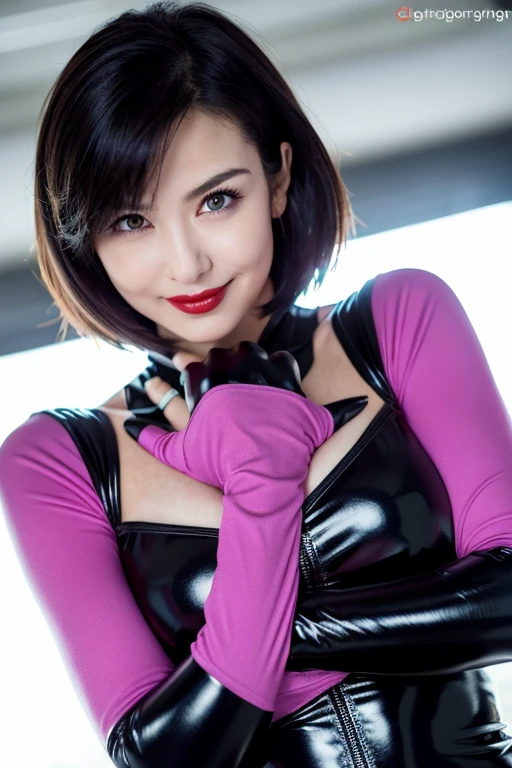 woman, 30th Generation, Japan,Wearing a work shirt,（smile:1.6),Tour the Warehouse,use,Rubber gloves、Purple Rubber glovess、Purple Rubber glovess、long Rubber glovess in purple color,,、Shiny purple gloves、（woman二人が写っている:1.6)、（Very short hair：1.2）、（Standard body shape）、（D cup breasts）