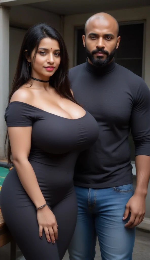 Indian married couple, man and woman, short woman with long hair, big breasts, big hip, big ass, thick curvy, 30 years indian tall man buzz cut wearing shirt and jeans, woman wearing black kurti and leggings, man squezzing woman breast, Couple, sexy face, detailed.