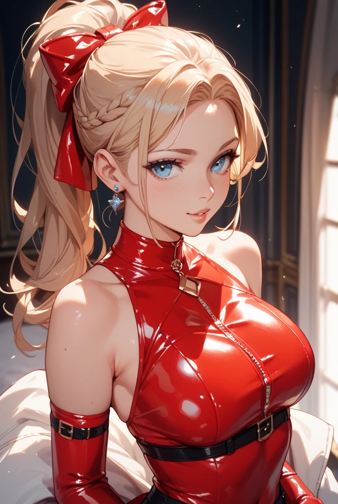 (​masterpiece、top-quality:1.5), face only portrait, zoomed in face, face photo, detailed face, nice hand, glossy blush, full detailed lips, eyebags, eyelashes, small glossy nose, dual blonde ponytails, upper body portrait, very detailed face, HD 4K photo, shading, perfect detailed blue eyes, ((Ann Takamaki)), tight red latex jumpsuit, red gloves, huge breasts, cleavage, black dark background, dim lighting, huge big breasts, pointy breasts, slim waist,