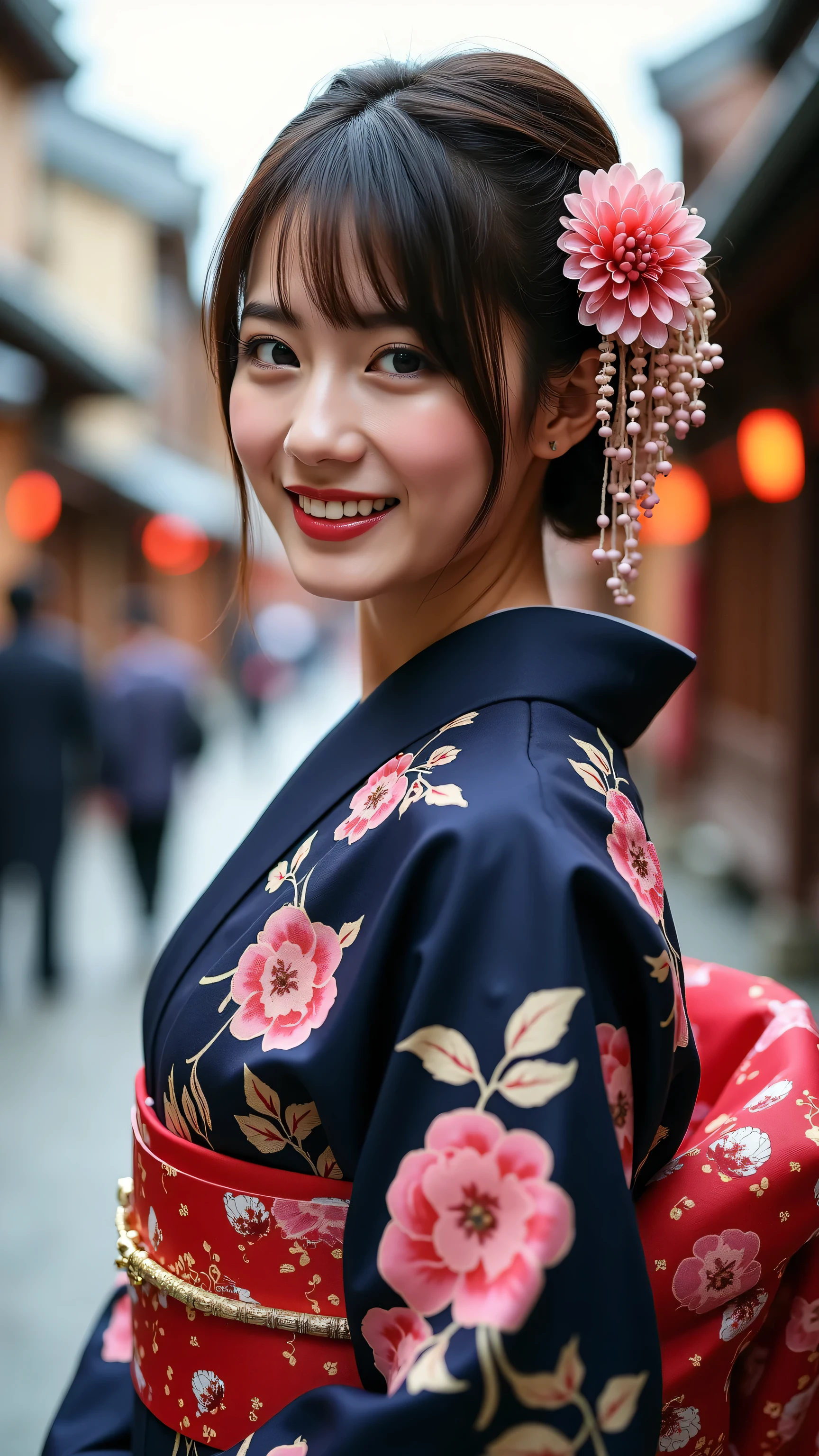 ((Top quality)), ((masterpiece)), ( details), Japanese girl full body high definition image, 顔のdetails, smiling, very beautiful kimono , woman in dark ピンクand floral kimono。Kyoto Gion cityscape background。