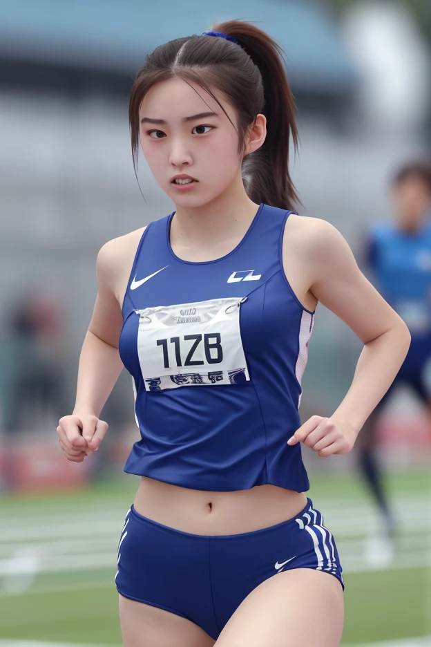(((Sports, Short, Long, Running, Jogging, Marathon, Exercise, Athletics, Running, Running Posture, Running, Feeling of Galloping, Sweat, Sweat, Sweating Lots)))), ((Volley Uniform: 1.3, White, Red, Blue, Uniform: 1.3, Lower, Swaying, Hetero)), ((White, Red, Blue, Bloomers: 1.2, Low Rise)), (Athletics, Floating Hair NovaFrog Style, Floating Hair, Hair and Clothes That Flutter in the Wind, High School, Slender Abs: 1.2, Navel, Serious Look), (The shape of the pubic area is clearly visible)), Blushing, NSFW, 8k, RAW Photo: 1.2, (Best Quality: 1.4, Masterpiece: 1.4), Super Detail, Best Illustration, Ultra High Resolution, Portrait, Film Grain, 1girl, POV, Depth of Field, Photorealistic: 1.4, detailed hair, realistic hair, realistic lighting, realistic shadows, realistic clothing, realistic skin, natural skin texture, portrait: 0.6, light particles, lens flare, glowing particles: 0.6, bokeh: 1.2, clean: 1.8, professional lighting, photon mapping, radiosity, physically based rendering, incredibly absurd, Glossy skin, pale skin: 1.2, PureErosFace_v1: 0.7, fair skin: 1.1, round face: 1.5, mouth open, puffy eyes, purple eyes, double eyelids, egyosar: 1, floating hair, makeup, Japan girl, lovely thighs, shining thighs, shining legs
