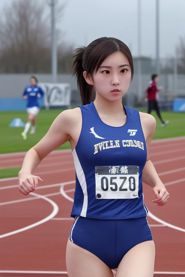 extremely detailed CG unity 8k wallpaper, best quality, ultra-detailed, masterpiece, realistic, photo realistic, extremely detailed cute girl, 25years old, (wearing Track and Field Uniforms), (race bib), smile , half body  shot , track-and-field arena , hand on own hip
