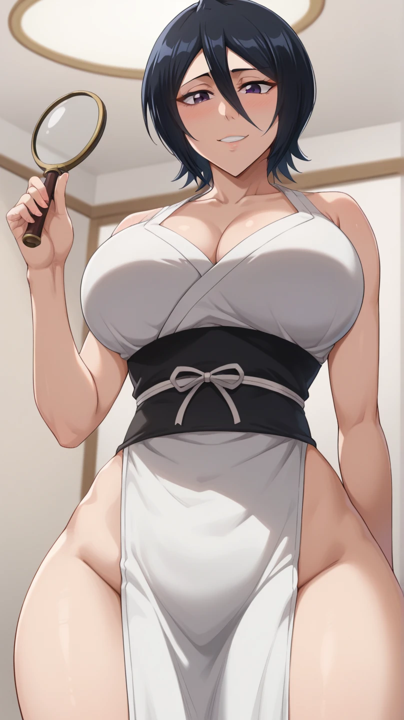 (Masterpiece, best quality, highres) {{Artist: Sincos}} 1 woman, solo, mature, milf, 36 years old, asian, sharp eyes, sexy, elegant, fair skin, dark blue eyes, black hair, short hair, bob-cut, mole under left eye, sultry smile, half-lidded eyes, large breasts, cleavage, fantasy, black cloak, blue dress, standing straight, looking at camera, in shop, fantasy setting, behind counter, looking at camera.