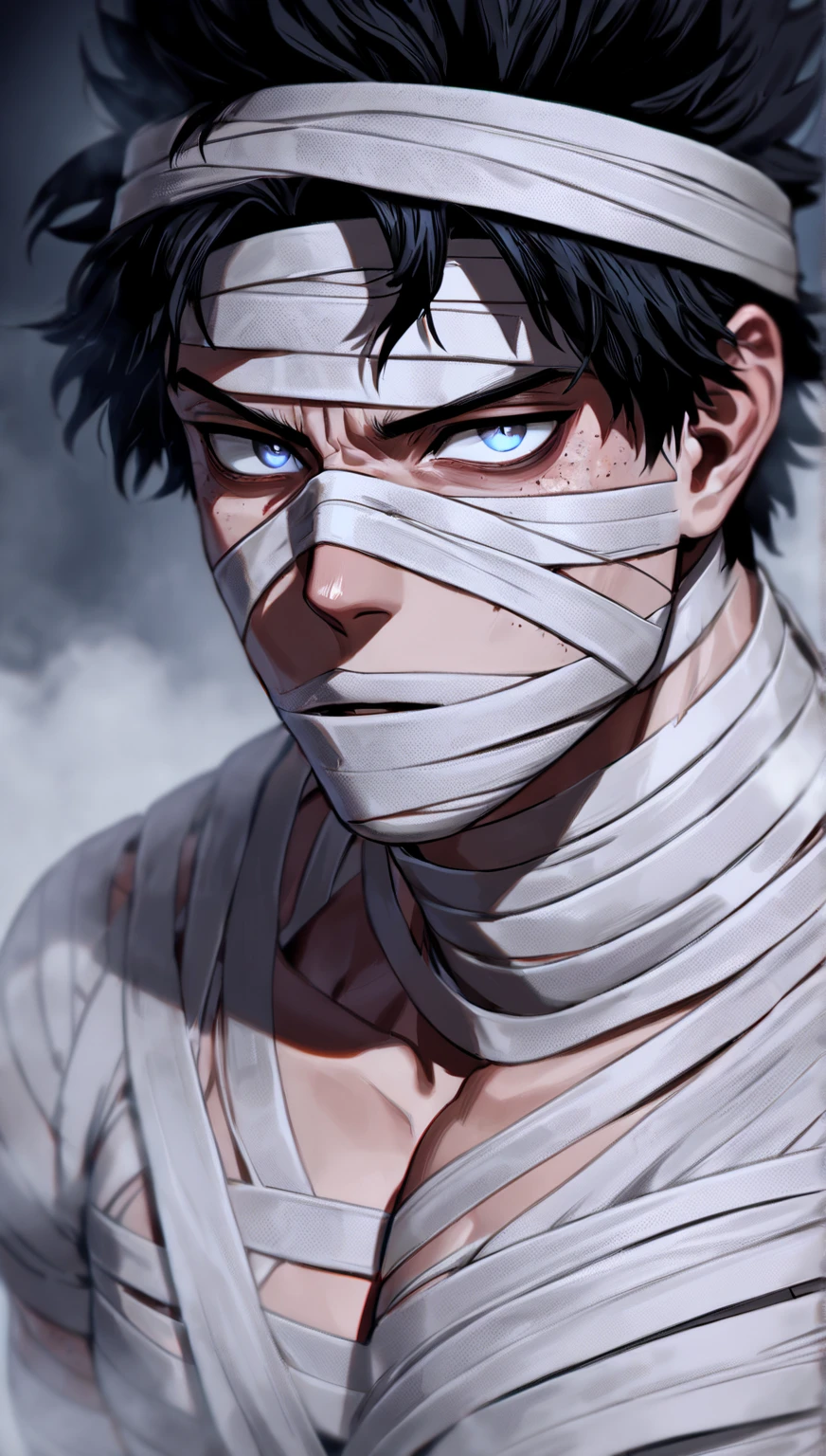 Edgy, 1boy, high red, ultra detailed, (Detailed face), (detailed eyes), adhesive bandage over face, bandages over wrists, best quality, hyper detailed, masterpiece, lean physique, dark blonde hair, bedroom, sitting on chair, upper body