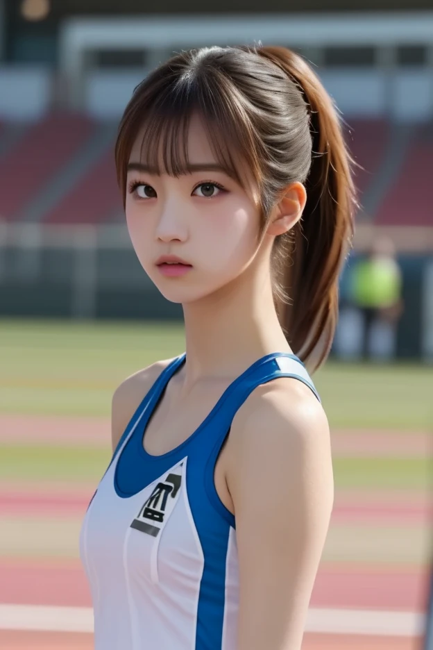 High resolution、8K portrait、Unity 8k壁紙のHD FineCG、unity 8k wallpaper、Highly detailed CG Unity 8K wallpaper、lively、real person、cute、 portrait photography、shiny skin、HD Fine、(16 years old:1.2)、(1 girl)、beautiful clear eyes、Very detailed explanation、delicate face、nice lips、slender body、thin waist、thin legs、(athletics stadium:1.6)、(flat chest:1.8)、(Colorful sleeveless track and field uniform:1.4)、(nipples are visible:1.4)、(cute笑顔:1.2)、(abs:1.2)、(small tit:1.5)