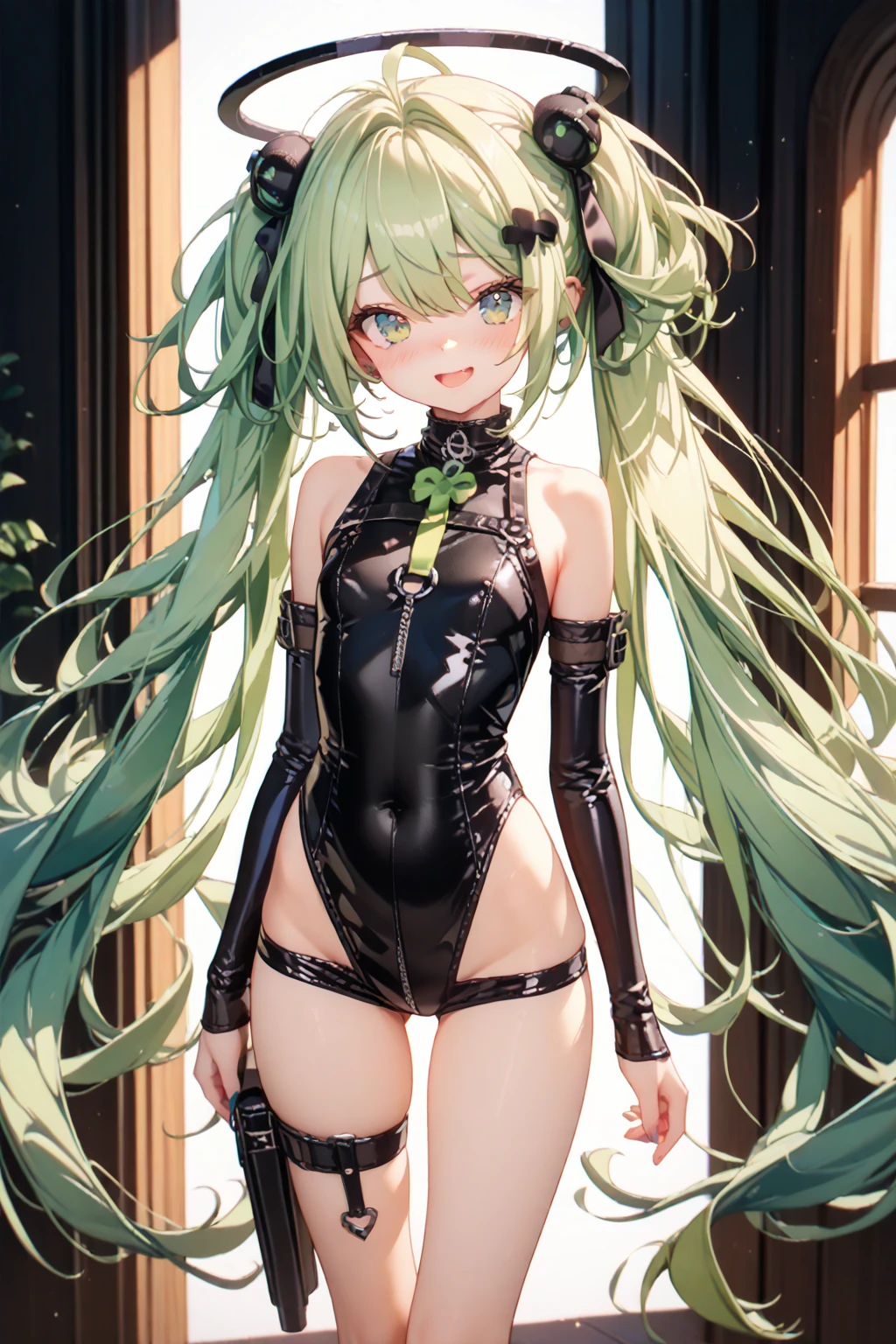 Emerald long hair girl emerald eyes light greencat ears light green cat tail wearing emerald bodysuit