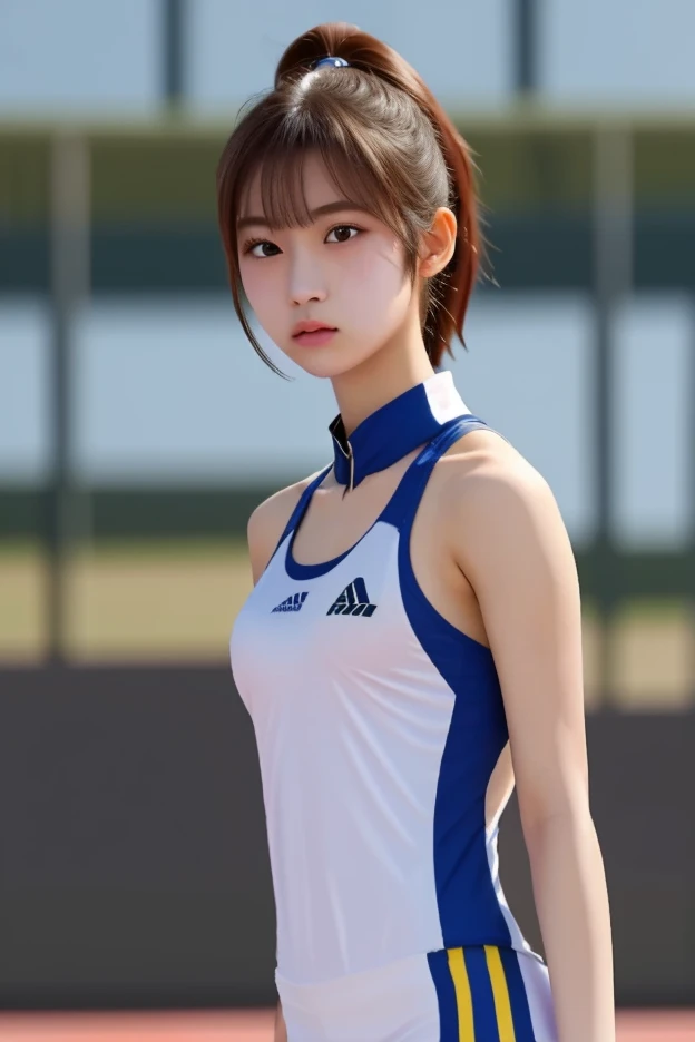 (Best Quality,8K,hight resolution,masuter piece:1.2),Ultra-detailed,Realistic:1.37,Portrait,girl track and field athlete,Teenage girl,small head,Cute,Sporty,Charming face,Detailed beauty face,Very realistic skin,Wet skin,Sweat,Large breasts,Narrow waist,nice legs ,jump,Sporty,track and field,Cinematic lighting,