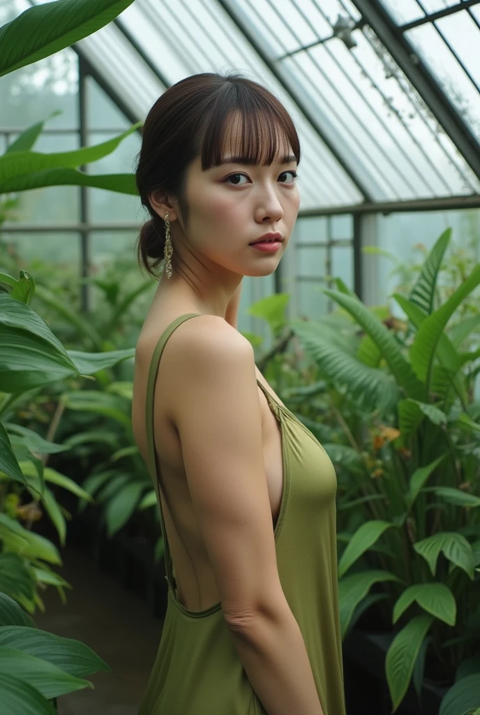 (full-length shot:1.5), (Best quality:1.3), 23y, 1sexy girl, indonesian, (big breast:1.5), (tosca slip dress), (cute face:1.4), wavy short hair blowing in the wind, (bangs:1.2), sexy posing in the bamboo plants, dramatic moment, kodacrhome, cinematic dark lighting, beautiful shadow and sunlight expossure, aesthetic, ultra highres, sharp focus, highly detailed, realistic face and skin, surreal view, shot by eos c with 35mm lens f2.0, (angle shot fom below:1.3), Portrait by annie leibovitz, perfect anatomy, perfrect object