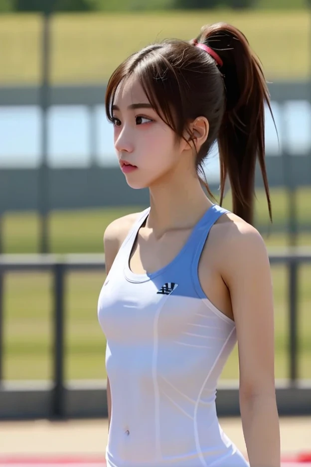 (((Sports, Short, Long, Running, Jogging, Marathon, Exercise, Athletics, Running, Running Posture, Running, Feeling of Galloping, Sweat, Sweat, Sweating Lots)))), ((Volley Uniform: 1.3, White, Red, Blue, Uniform: 1.3, Lower, Swaying, Hetero)), ((White, Red, Blue, Bloomers: 1.2, Low Rise)), (Athletics, Floating Hair NovaFrog Style, Floating Hair, Hair and Clothes That Flutter in the Wind, High School, Slender Abs: 1.2, Navel, Serious Look), (The shape of the pubic area is clearly visible)), Blushing, NSFW, 8k, RAW Photo: 1.2, (Best Quality: 1.4, Masterpiece: 1.4), Super Detail, Best Illustration, Ultra High Resolution, Portrait, Film Grain, 1girl, POV, Depth of Field, Photorealistic: 1.4, detailed hair, realistic hair, realistic lighting, realistic shadows, realistic clothing, realistic skin, natural skin texture, portrait: 0.6, light particles, lens flare, glowing particles: 0.6, bokeh: 1.2, clean: 1.8, professional lighting, photon mapping, radiosity, physically based rendering, incredibly absurd, Glossy skin, pale skin: 1.2, PureErosFace_v1: 0.7, fair skin: 1.1, round face: 1.5, mouth open, puffy eyes, purple eyes, double eyelids, egyosar: 1, floating hair, makeup, Japan girl, lovely thighs, shining thighs, shining legs