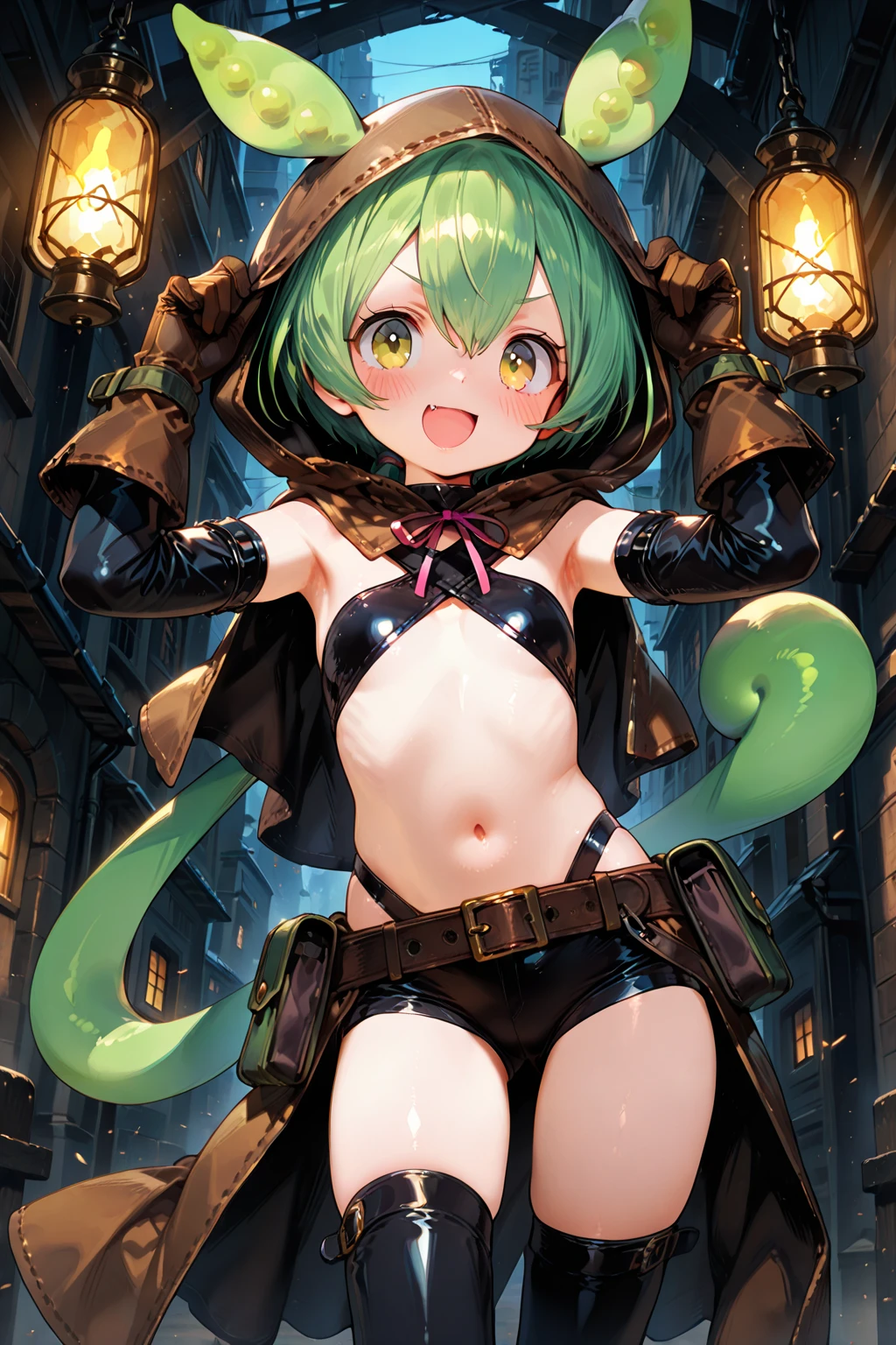 Goblin girl, Green skin, Long blue hair pony tail, Orange eyes, pointy eyes, Big breast, sliver Metal Collar around neck with long chain attach to it, Metal chain Wrist bands, full exposed naked body