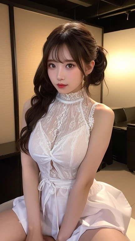 masutepiece, Best Quality, Illustration, Ultra-detailed, finely detail, hight resolution, 8K Wallpaper, Perfect dynamic composition, Beautiful detailed eyes, nsfw, Random sexy poses, Full body, arms behind head, (light Grey Hair), wavy hair, ((ponytail)), (((Extra Long Hair))), ((Her ponytail is tied with a very large pink hair ribbon.)), (((Ample breasts))), (real looking skin), Natural Color Lip, (The best smile), 17 year old, fashion modell, Beautiful girl, (ピンクのセクシーなレースのブラジャー,パンティー,ガーターベルト:1.4), (bracelet), dazzling diamond earrings, (Gorgeous Jewelry Necklaces), ((european castle balcony)), ((Beautiful night view)), choker