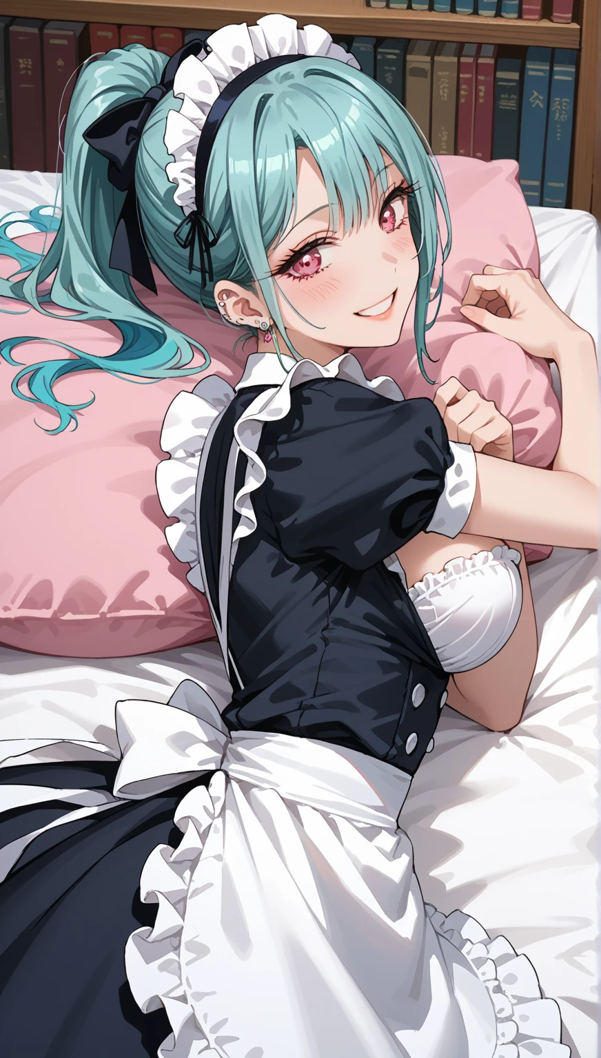 corin, purple eyes, green hair, long hair, twintails, hair ornament maid headdress, black dress, puffy short sleeves, frilled apron, high belt, chains, shin strap, black wristband, metal cuffs, black boots, frilled dress, striped apron,--(8K, Raw, Highest quality, Real 1.2), Ultra High Quality, High Resolution, Top Quality, Perfect Face, Perfect Limbs, Perfect Fingers, High Resolution, (Beautiful Anime Face, Cute Face, Detailed Face), Joyful Smile, Smiling Expression, Lying on Bed, Cowboy Shot, Miniature Human Hands, (((Medium Bust 1.3))), (((Thin Thighs 1.3))), Pure White Chalk Interior, Pure White Marble Interior, ((Pure White Bedroom Like Western Castle 1.5)), (((Luxurious Pure White Canopy Bed 1.4)), (((Chandelier 1.4))), ((Pure White Bed 1.5)), ((Beautifully Decorated Bedroom 1.5)), ((Modern Style Bedroom 1.5 )), perfect anatomy, perfect proportions, nice lighting, bright colors, clean lines, information, blurred, stunning facial expressions, restless emotions, gorgeous and cute, beautiful face and eyes with every detail, (masterpiece) beautiful face, young and handsome girl, really perfect skin, blurred, facial expressions, restless emotions, gorgeous and cute, beautiful face and eyes with every detail, (Audrey Hepburn), (cute), (J-POP idol), (thighs, (depth of field), (depth of field), soft light, sparkling lens gaze, (droopy eyes), straight teeth, shy smile, fluttering hair, a scene from Blake's movie,