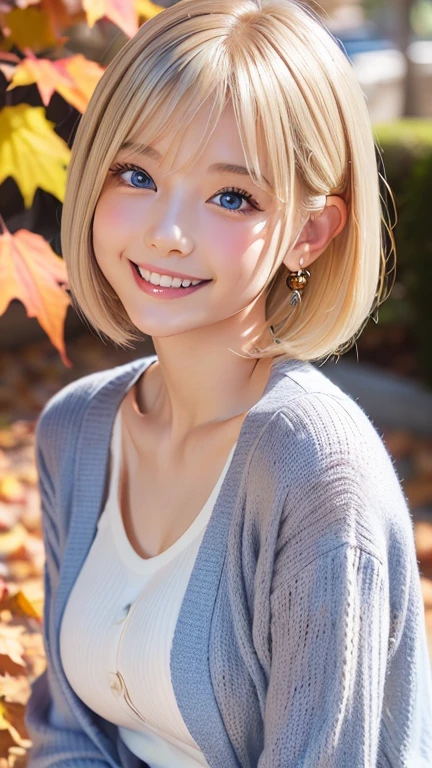Detailed face, Cute face, masterpiece , Highest quality , woman , Mountain top hat , bangs , smile , Outdoor, Shiny, platinum blonde, silky, super short hair, Side Lock, beautiful shiny bangs, Big, clear, sky-blue eyes, Very beautiful light eye highlighter,  Earrings
