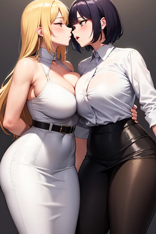 tight-fitting mini dress,off-shoulder,very large breasts,tongue out,deep kiss,