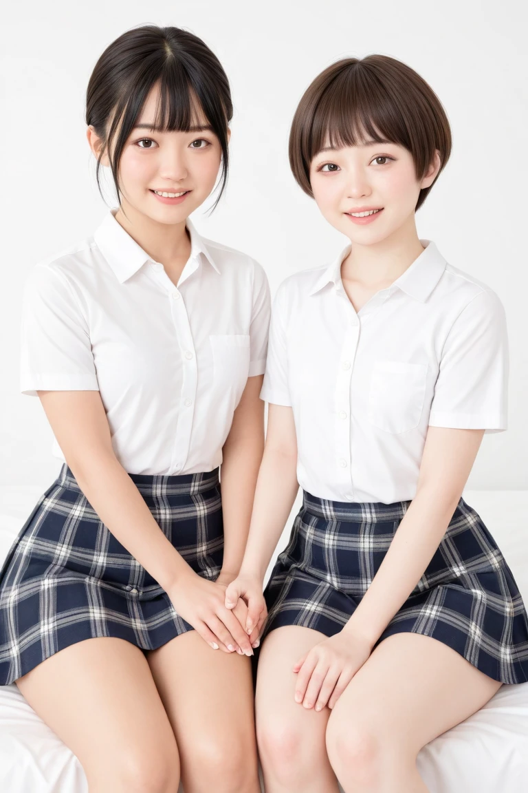 two girls standing in the park,Plain white school gym shirt with navy blue trim,Navy blue speed briefs,Red headband,White headband,18-year-old,bangs,A small smile,Thighs,knees,Straight hair with barrette,From below,Front light, White panties visible through the skirt、Lift the hem of your skirt with both hands to reveal your panties、Are thin、slender
