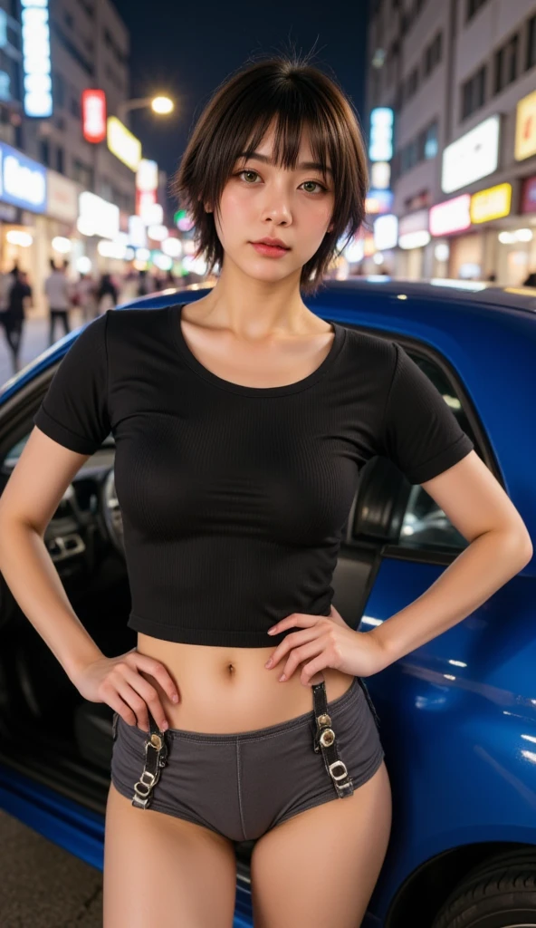 best quality, Masterpiece, very detailed, (realistic:1.4), Photon mapping, outdoor, Tokyo, Akihabara, sky, hope it is a good day, Beautiful background BREAK 1girl, :0.1, (best shadow), cute, hair accessories, small breasts, short wavy brown hair, brown eyes, หน้าตาcute, ดวงตาที่cute, shy, No makeup, BREAK naked shirts only, black shirt, (no underwear), run, runออกกำลังกาย, Diamond Fur, (pubic hair), 