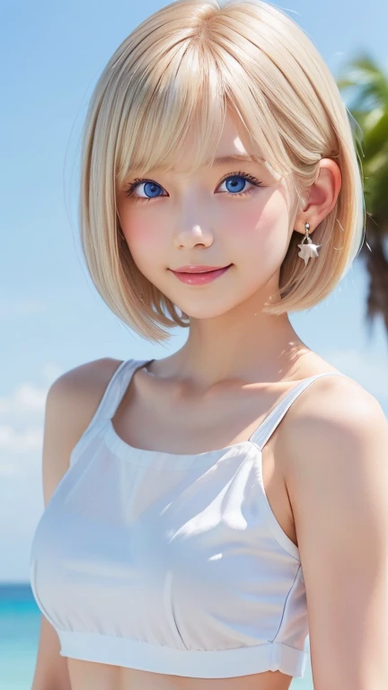 1girl, 12 years old, Famous idol, 1cute girl, very young face, detailed face, cute face, master piece , best quality , woman , bangs , smile , outdoor, Shiny platinum blonde silky super short hair, side locks, beautiful shiny bangs, big clear sky blue eyes, very beautiful light eye highlights, earrings, (white micro bikini style:1.4),